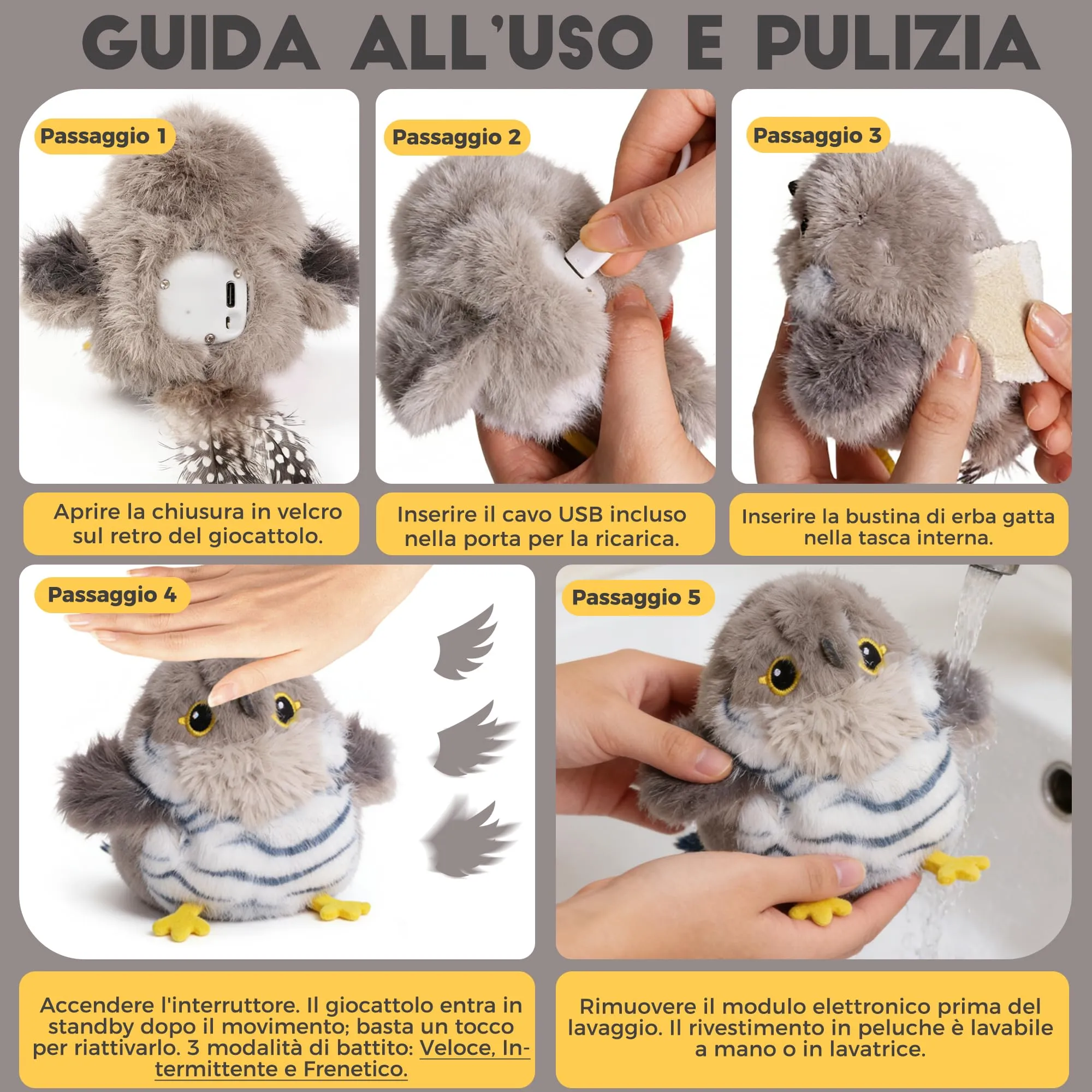 Iriisy Uccello Interattivo per Gatti Gioco per Gatto Giochi per Gatti Uccellino con Sensore di Movimento Resistente Ricaricabile USB-C, con Erba Gatta (Grigio) - immagine 2