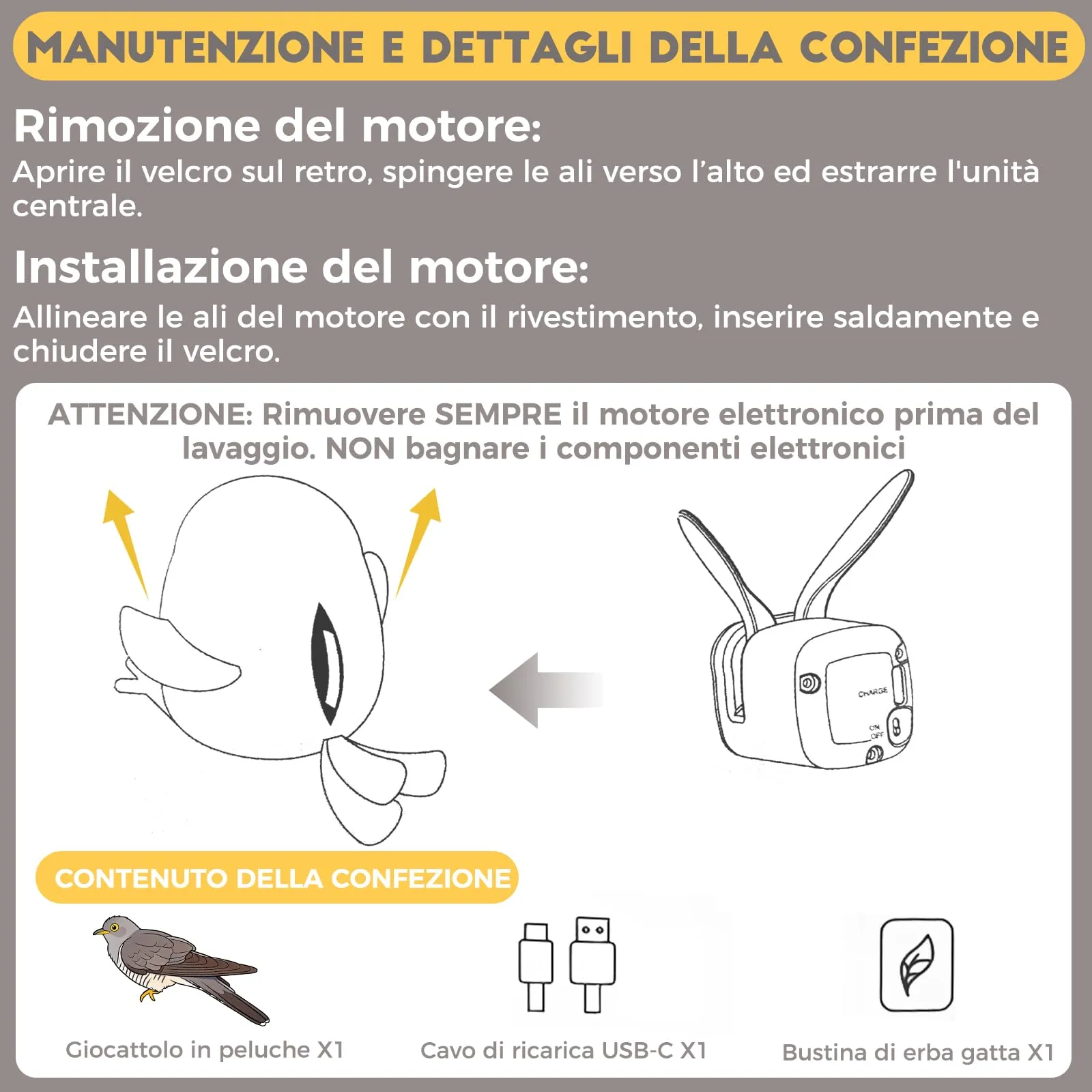 Iriisy Uccello Interattivo per Gatti Gioco per Gatto Giochi per Gatti Uccellino con Sensore di Movimento Resistente Ricaricabile USB-C, con Erba Gatta (Grigio) - immagine 3