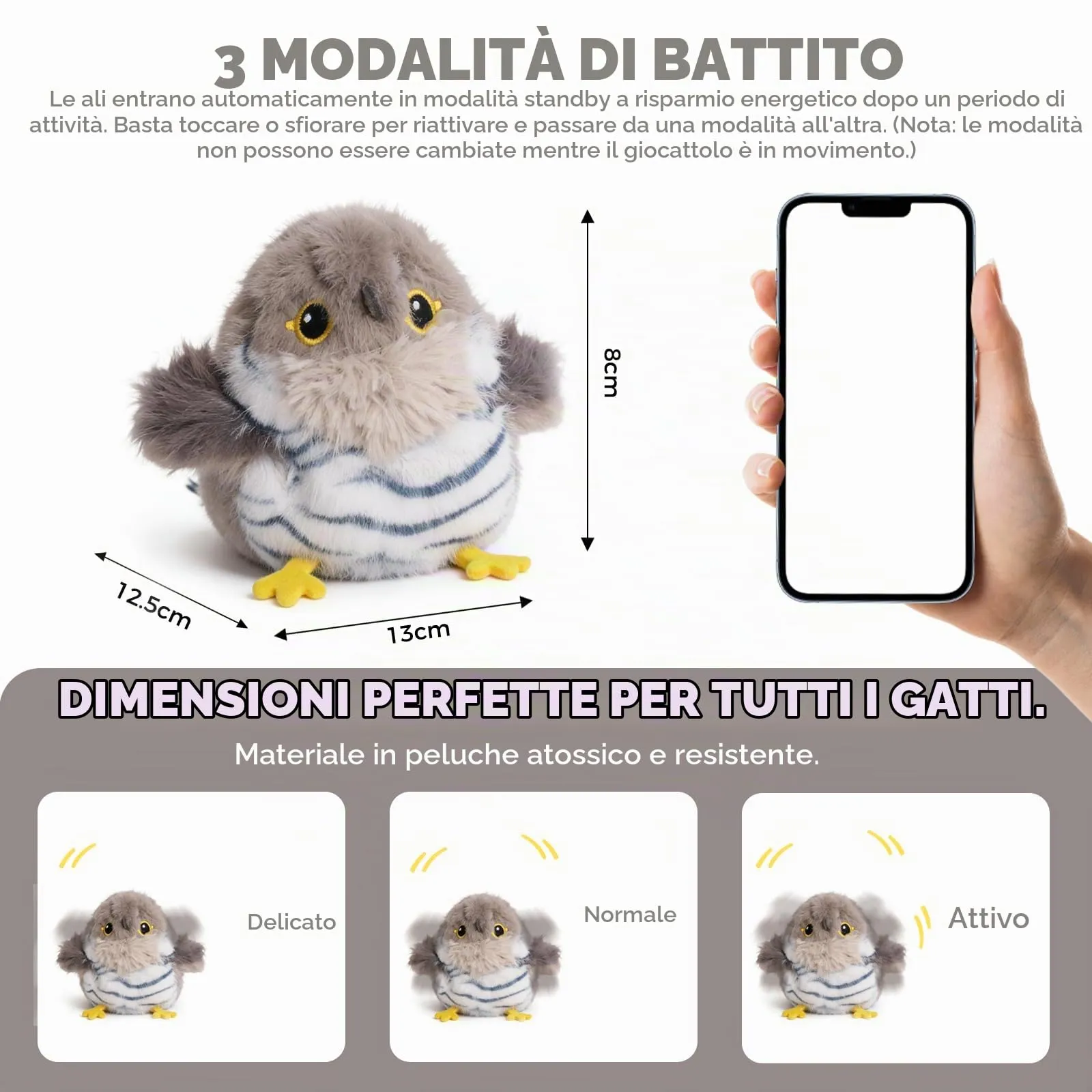 Iriisy Uccello Interattivo per Gatti Gioco per Gatto Giochi per Gatti Uccellino con Sensore di Movimento Resistente Ricaricabile USB-C, con Erba Gatta (Grigio) - immagine 4