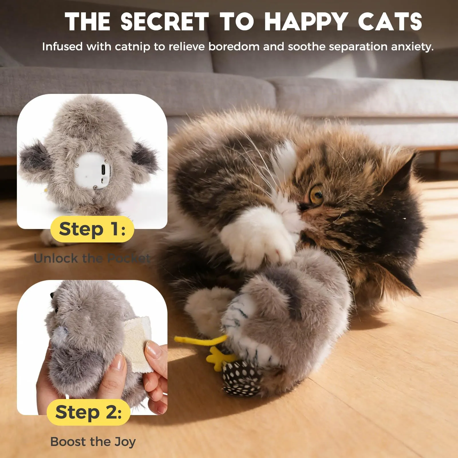 Iriisy Uccello Interattivo per Gatti Gioco per Gatto Giochi per Gatti Uccellino con Sensore di Movimento Resistente Ricaricabile USB-C, con Erba Gatta (Grigio) - immagine 5