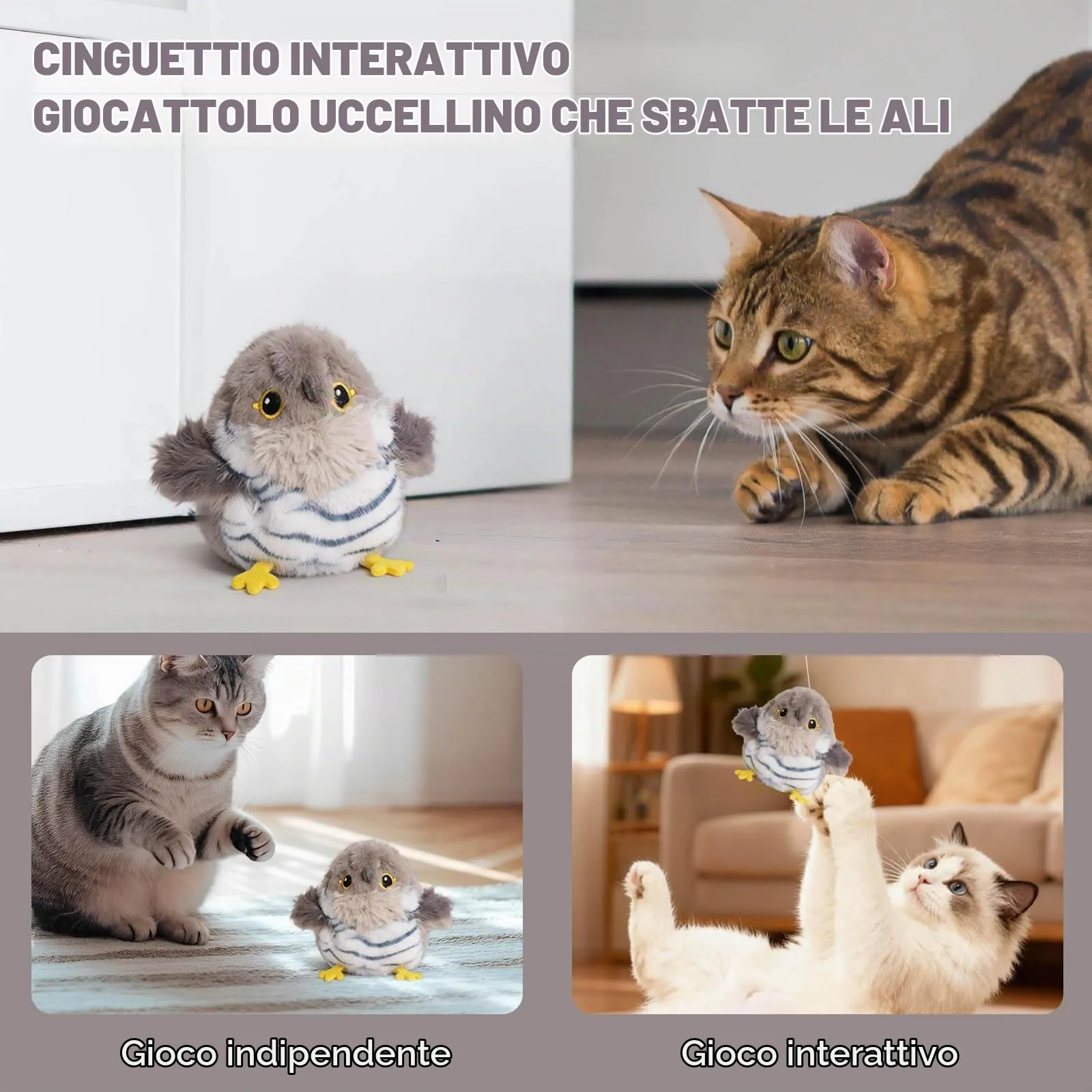 Iriisy Uccello Interattivo per Gatti Gioco per Gatto Giochi per Gatti Uccellino con Sensore di Movimento Resistente Ricaricabile USB-C, con Erba Gatta (Grigio) - immagine 6