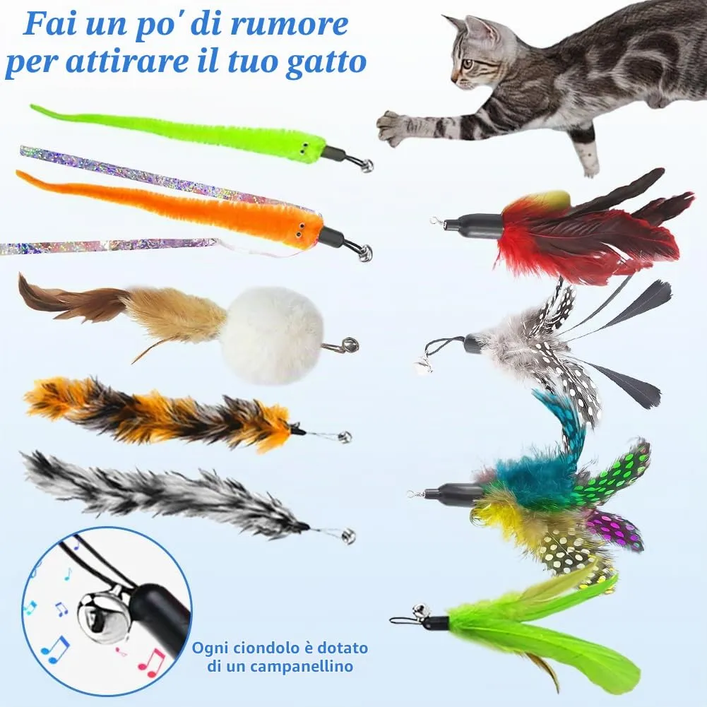 AMFUN 10PCS Giochi con Piume per Gatto, Giocattoli Interattivo con Piume per Gatti, Piuma Giocattolo Ricariche con Campana per Il Vostro Gatto e Il Gattino - immagine 5