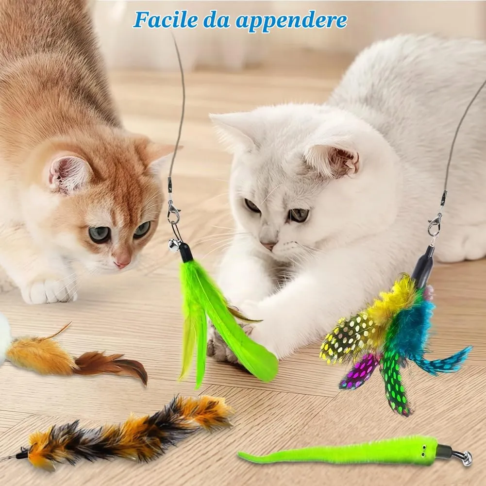 AMFUN 10PCS Giochi con Piume per Gatto, Giocattoli Interattivo con Piume per Gatti, Piuma Giocattolo Ricariche con Campana per Il Vostro Gatto e Il Gattino - immagine 6
