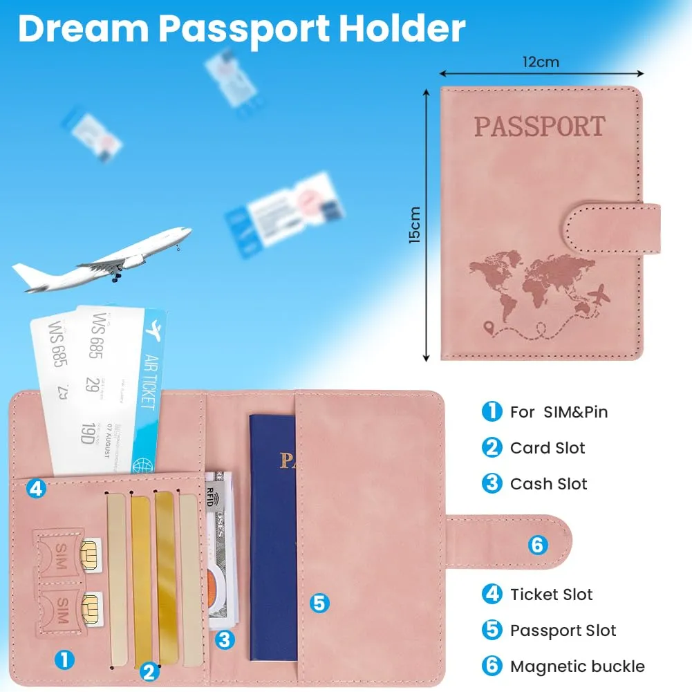 AOOTE Copertina per Passaporto, Porta Passaporto da Viaggio, Porta Passaporti Portatile con Blocco RFID, Pelle PU, Donna e Uomo, per Carte di Credito, D'Identità e Documenti di Viaggio, Rosa - immagine 2