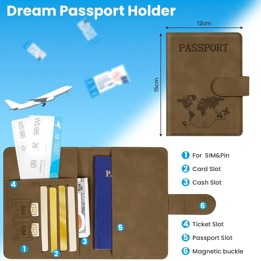 AOOTE Copertina per Passaporto, Porta Passaporto da Viaggio, Porta Passaporti Portatile con Blocco RFID, Pelle PU, Donna e Uomo, per Carte di Credito, D'Identità e Documenti di Viaggio, Marrone - immagine 2