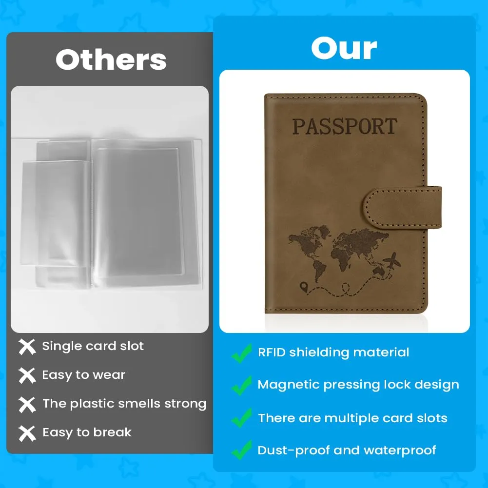 AOOTE Copertina per Passaporto, Porta Passaporto da Viaggio, Porta Passaporti Portatile con Blocco RFID, Pelle PU, Donna e Uomo, per Carte di Credito, D'Identità e Documenti di Viaggio, Marrone - immagine 3