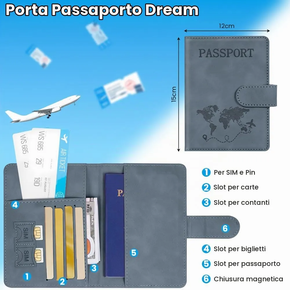 AOOTE Copertina per Passaporto, Porta Passaporto da Viaggio, Porta Passaporti Portatile con Blocco RFID, Pelle PU, Donna e Uomo, per Carte di Credito, D'Identità e Documenti di Viaggio, Grigio - immagine 2