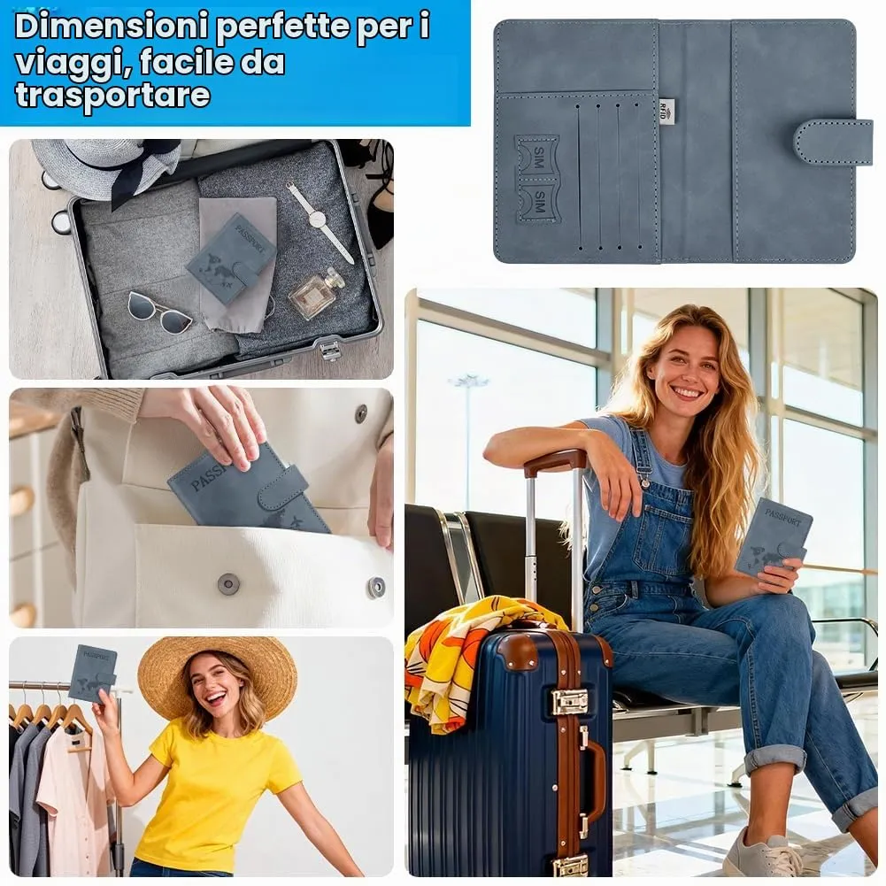 AOOTE Copertina per Passaporto, Porta Passaporto da Viaggio, Porta Passaporti Portatile con Blocco RFID, Pelle PU, Donna e Uomo, per Carte di Credito, D'Identità e Documenti di Viaggio, Grigio - immagine 6