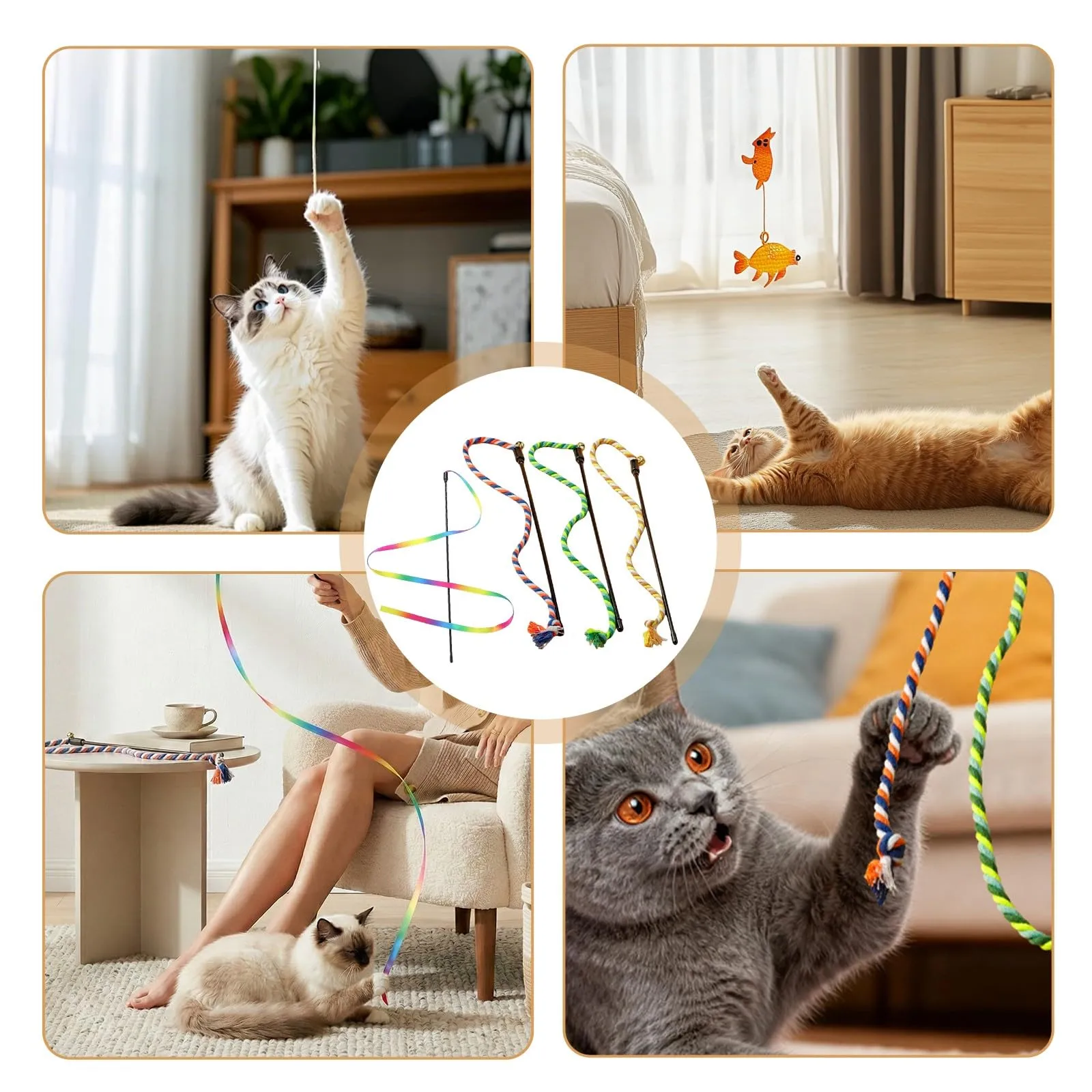 6 PCS Bacchetta Interattiva Per Gatti, Giochi per gattini,Giocattolo dell'arcobaleno della bacchetta del gatto, bacchette a nastro arcobaleno per l'addestramento dei gattini, Per Interni Interattivi - immagine 6