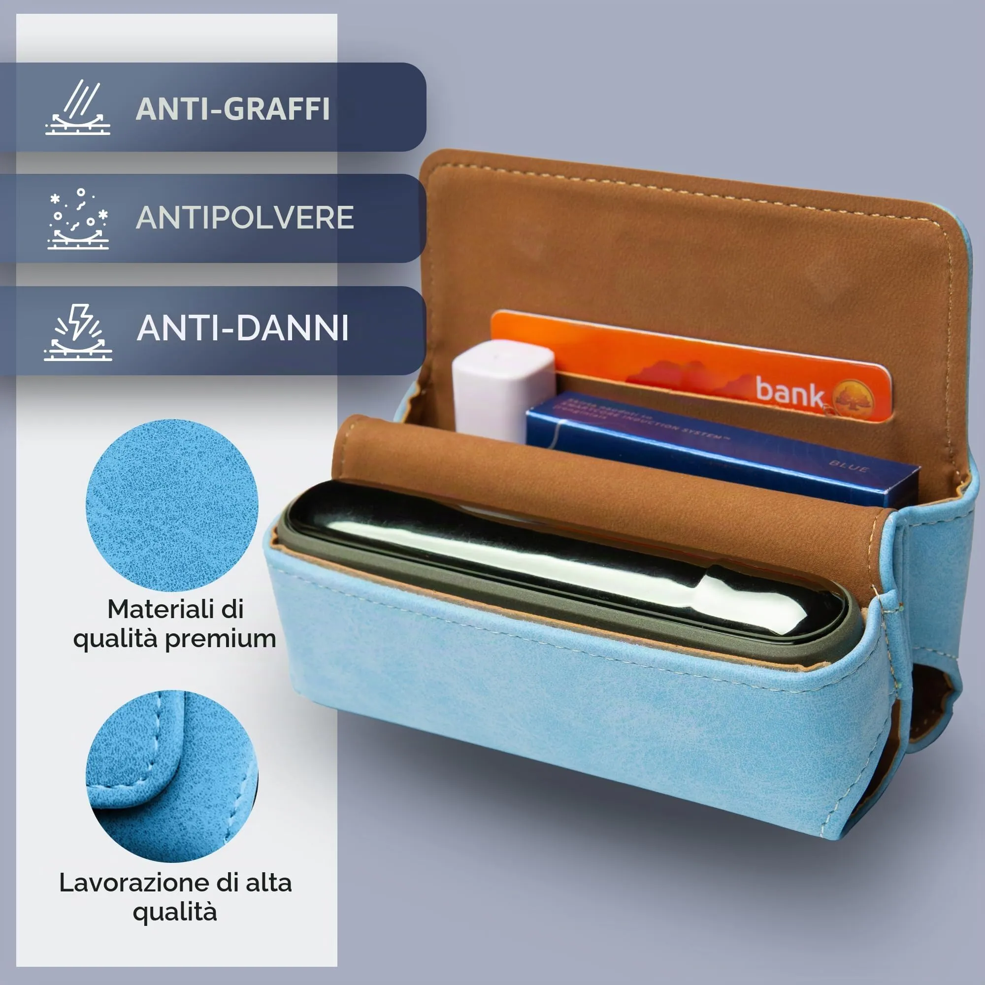 Custodia per IQOS ILUMA & ILUMA i – Custodia compatibile con gli accessori IQOS, pratica custodia per bastoncini di tabacco TEREA, mini posacenere o estrattore da ricamo (azzurro) - immagine 4