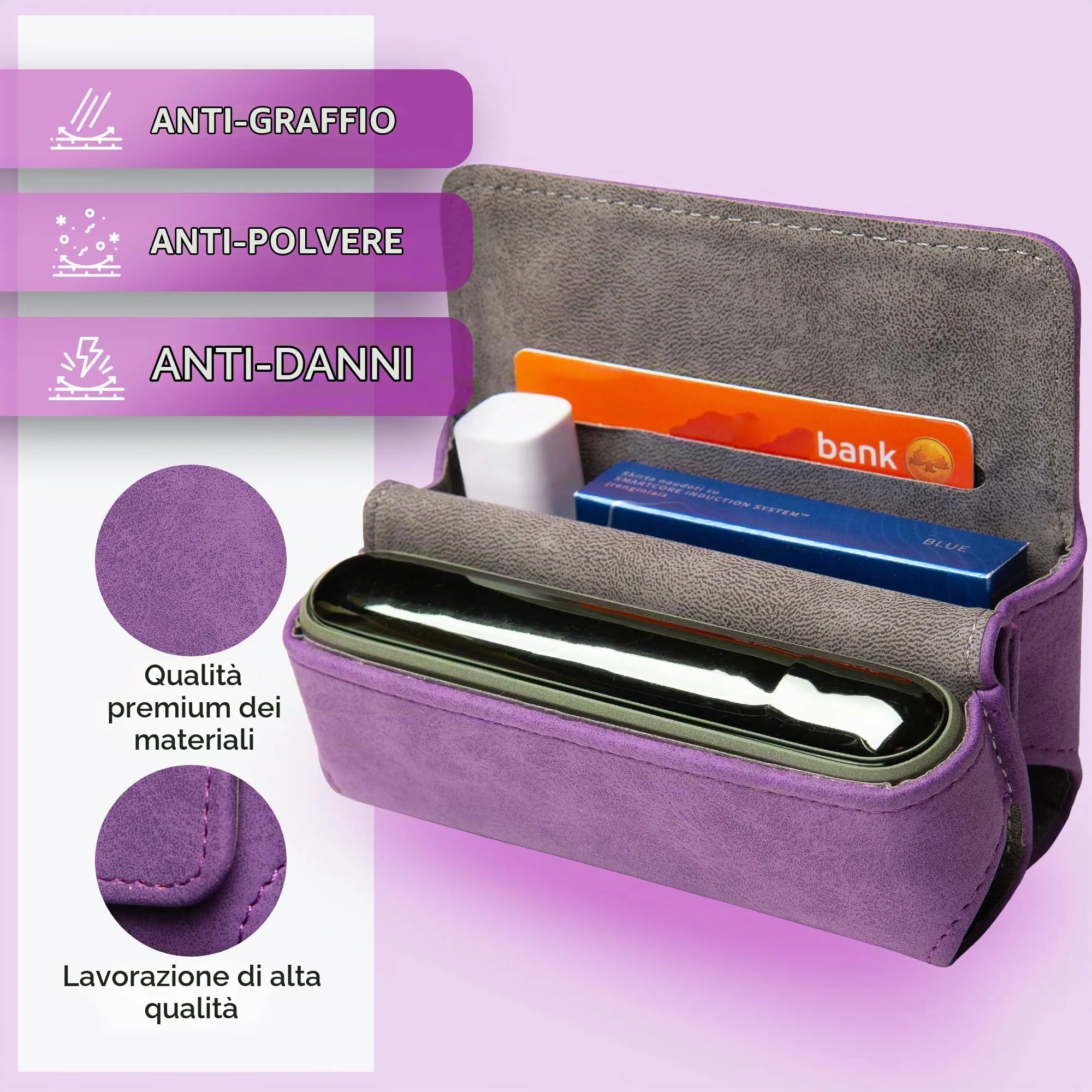 Custodia per IQOS ILUMA & ILUMA i – Custodia compatibile con accessori IQOS, pratica custodia per bastoncini di tabacco TEREA, mini posacenere o estrattore da ricamo (viola) - immagine 5