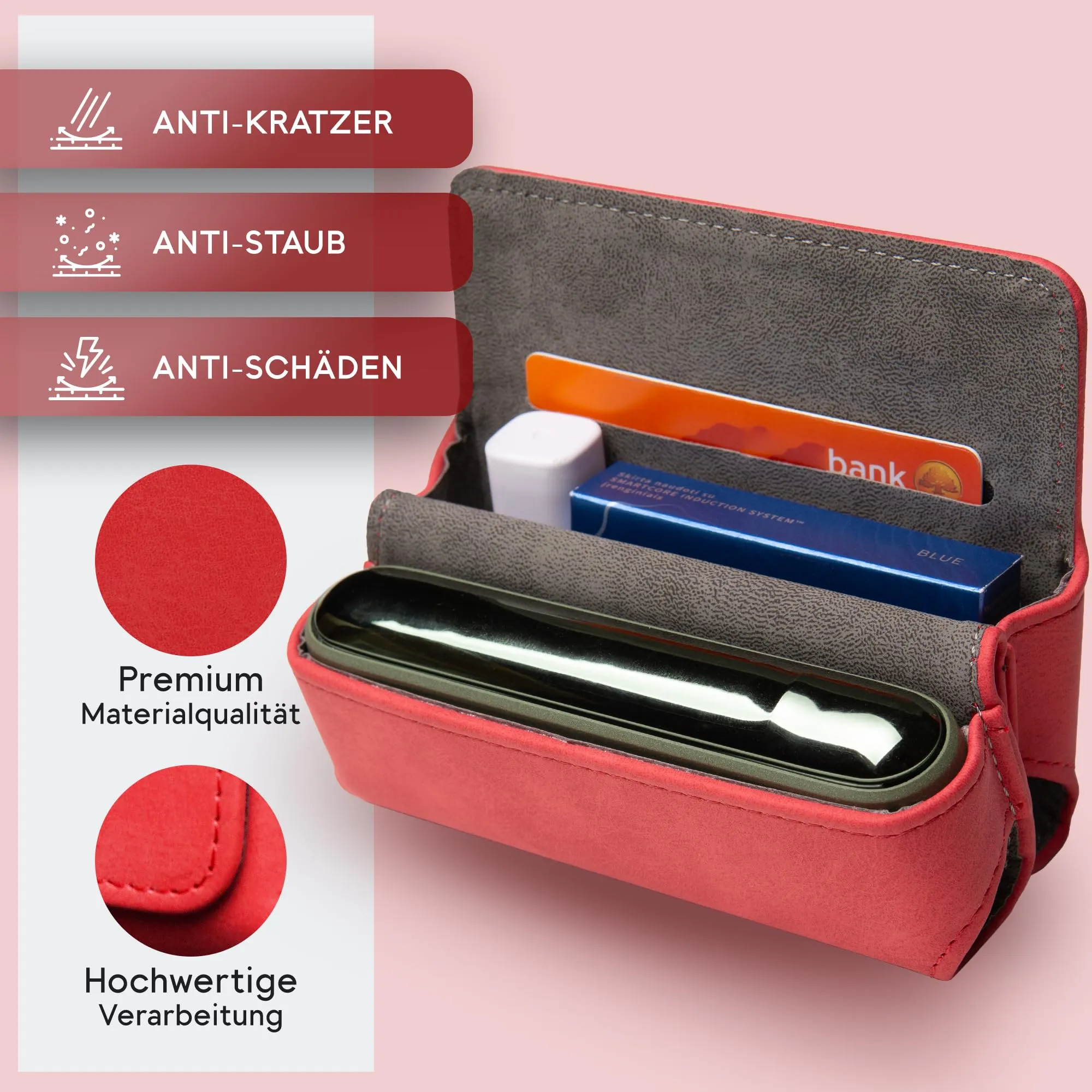 Custodia per IQOS ILUMA & ILUMA i – Custodia compatibile con accessori IQOS, pratica custodia per bastoncini di tabacco TEREA, mini posacenere o estrattore da ricamo (rosso) - immagine 4