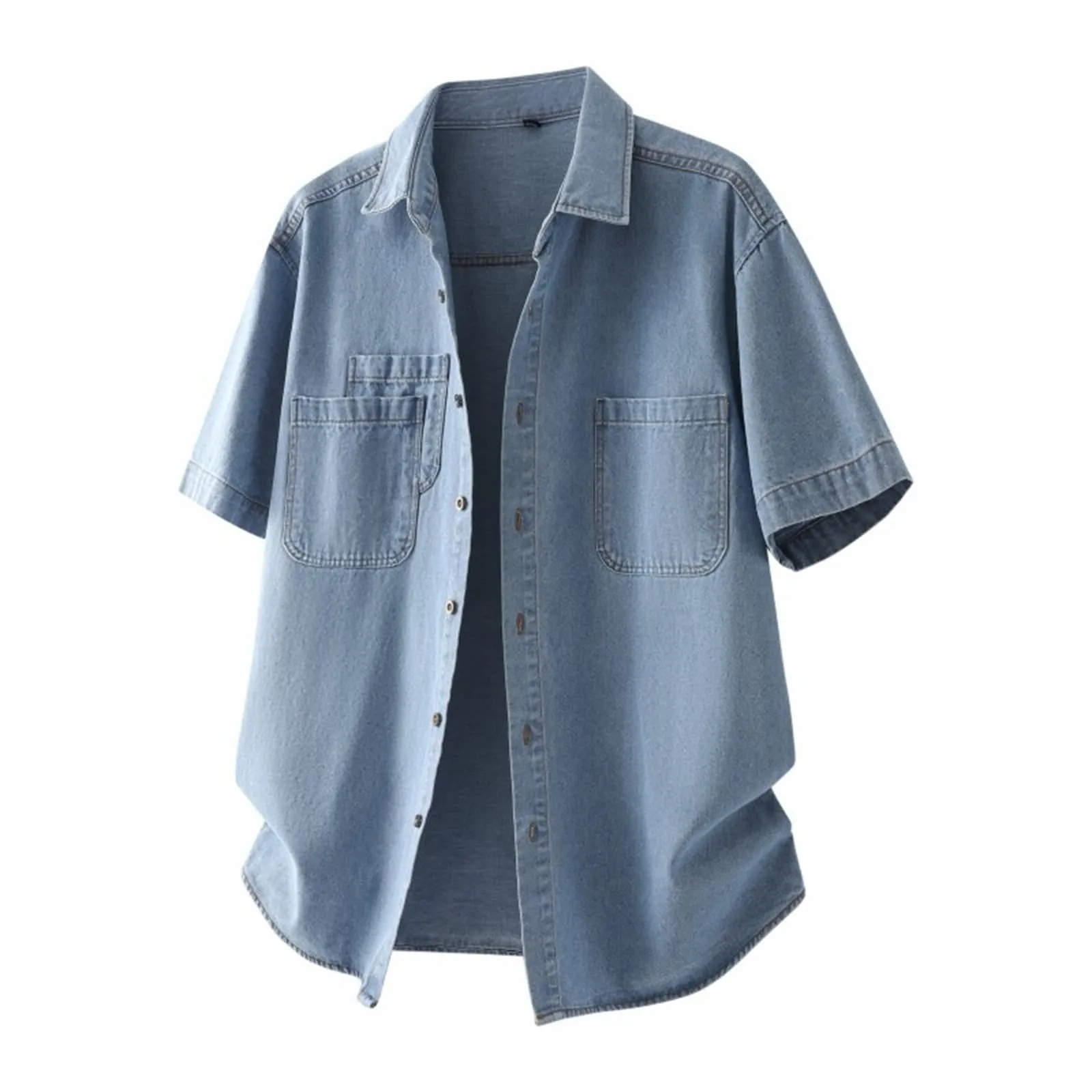 Duohropke Jeans da uomo, a maniche corte, estiva, in denim, a maniche corte, con bottoni a pressione, per uomo, blu chiaro, grigio scuro, vestibilità normale, look usato, camicia a maniche corte, 02 - immagine 2