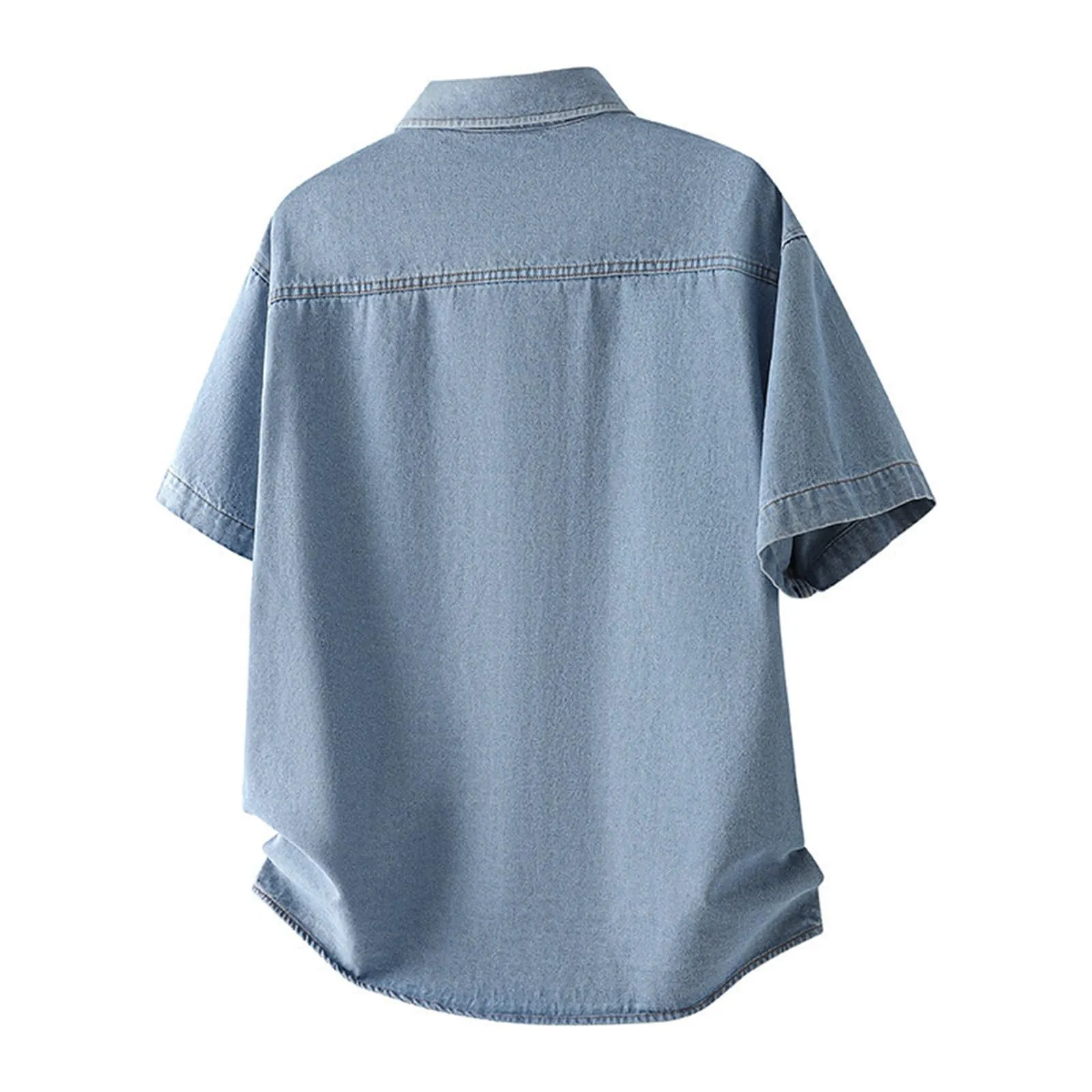 Duohropke Jeans da uomo, a maniche corte, estiva, in denim, a maniche corte, con bottoni a pressione, per uomo, blu chiaro, grigio scuro, vestibilità normale, look usato, camicia a maniche corte, 02 - immagine 4
