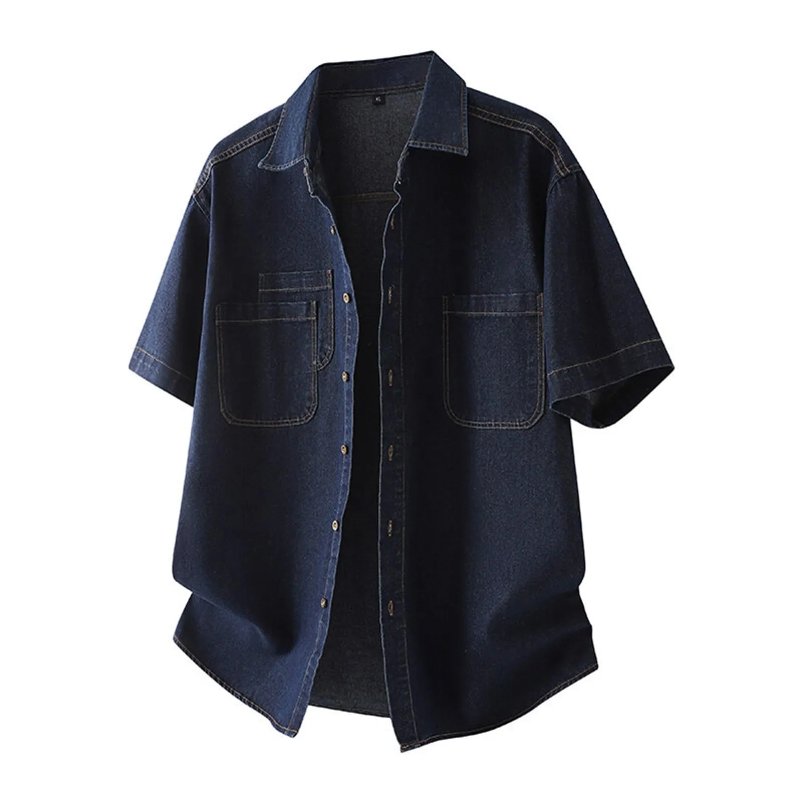 Duohropke Jeans da uomo, a maniche corte, estiva, in denim, a maniche corte, con bottoni a pressione, per uomo, blu chiaro, grigio scuro, vestibilità normale, look usato, camicia a maniche corte, 02 - immagine 2