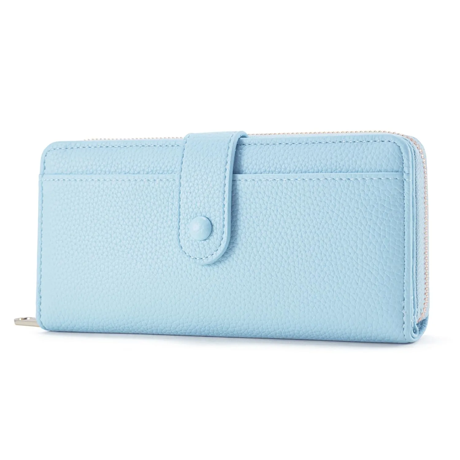 ANYWN Portafoglio da donna grande, in pelle sintetica liscia e morbida, formato lungo, con chiusura lampo e bottone automatico, portamonete da donna con molti scomparti, Azzurro, Classico - immagine 1