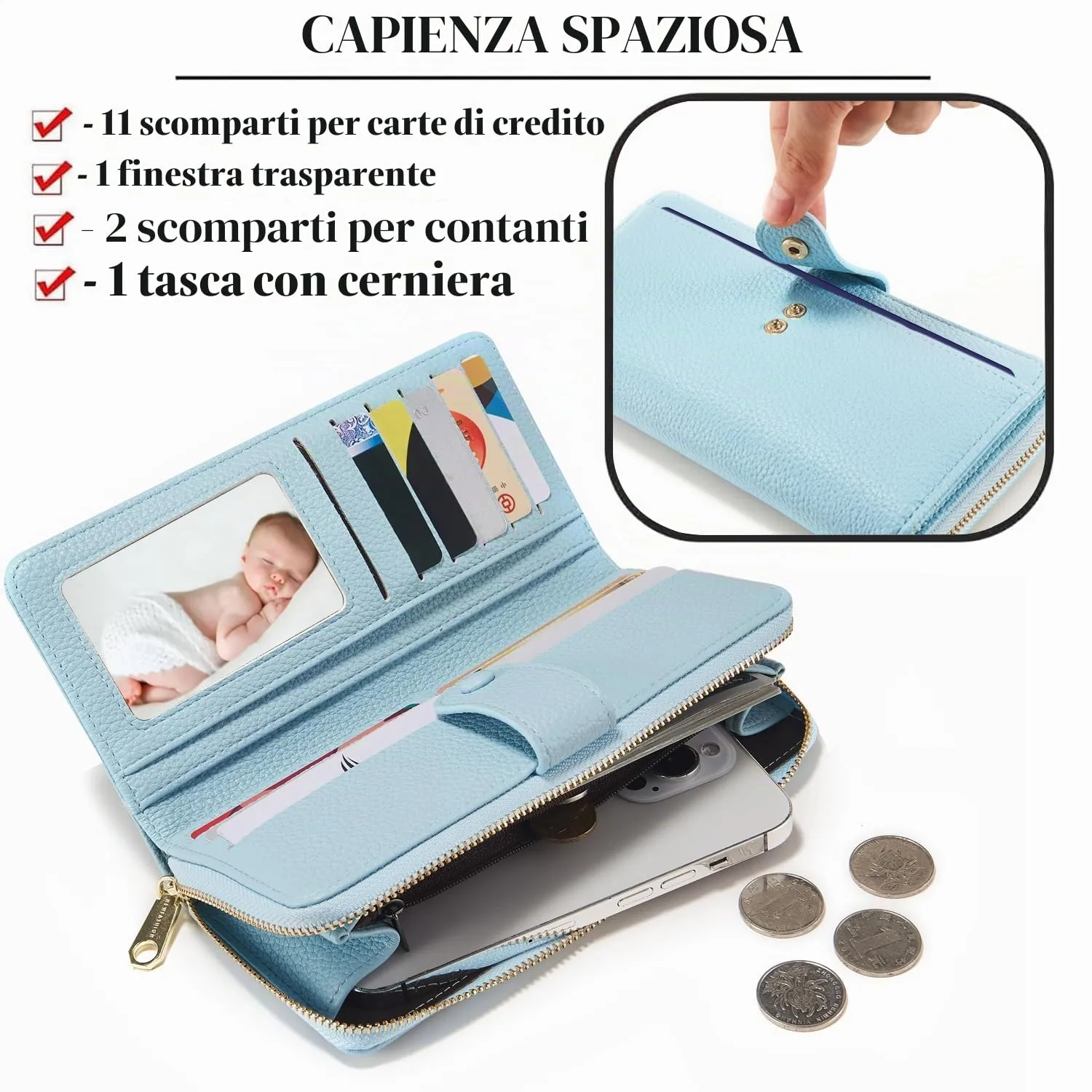 ANYWN Portafoglio da donna grande, in pelle sintetica liscia e morbida, formato lungo, con chiusura lampo e bottone automatico, portamonete da donna con molti scomparti, Azzurro, Classico - immagine 3