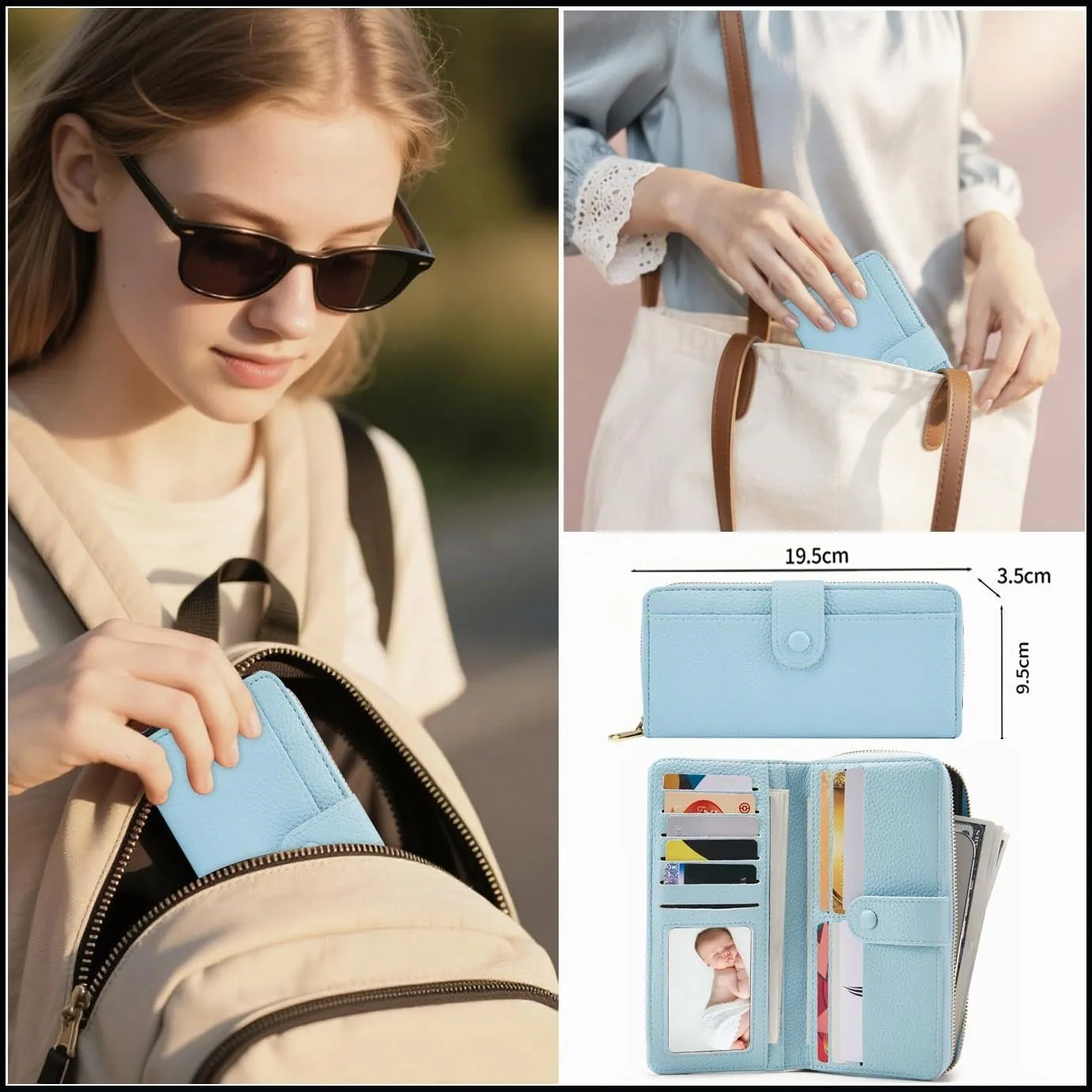ANYWN Portafoglio da donna grande, in pelle sintetica liscia e morbida, formato lungo, con chiusura lampo e bottone automatico, portamonete da donna con molti scomparti, Azzurro, Classico - immagine 4