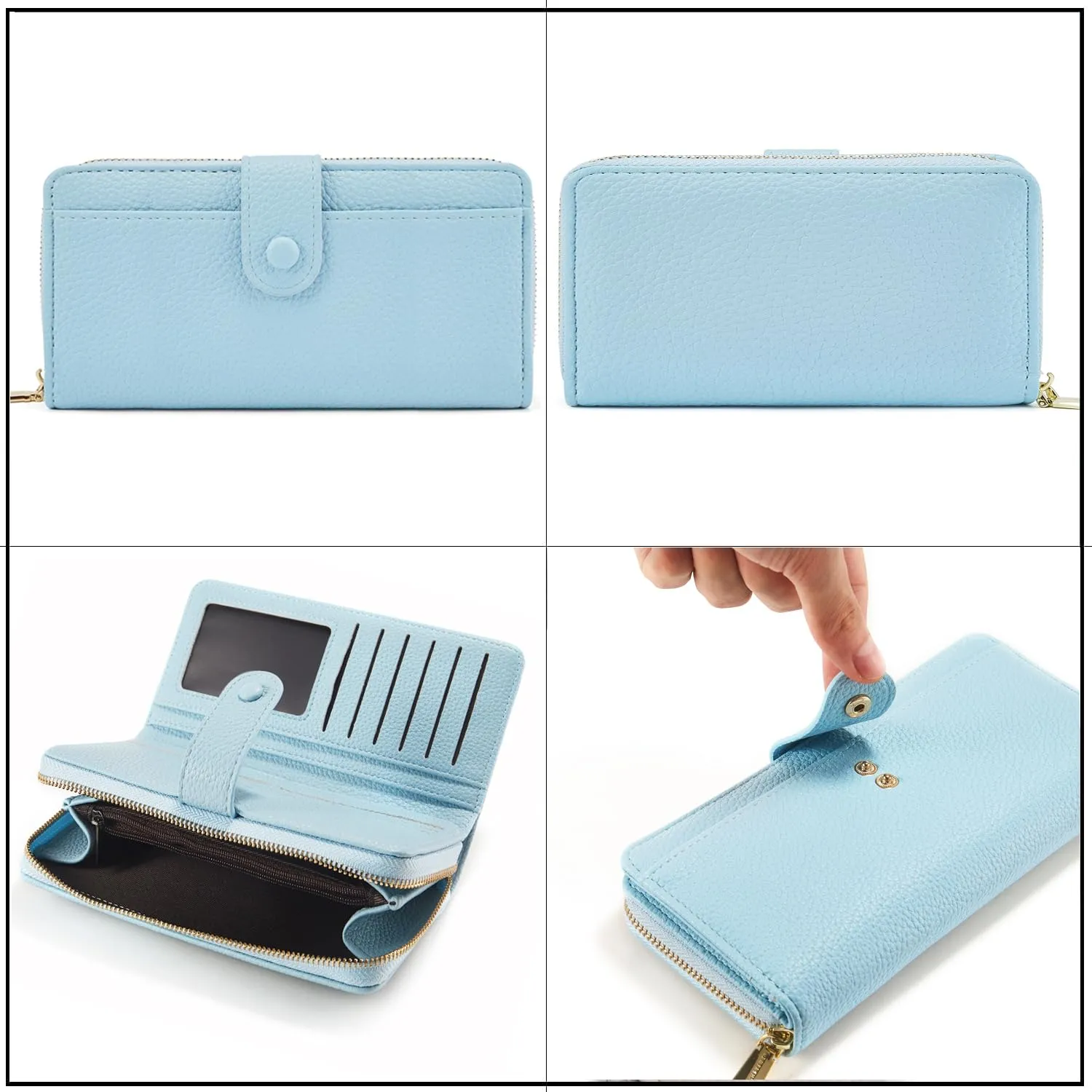 ANYWN Portafoglio da donna grande, in pelle sintetica liscia e morbida, formato lungo, con chiusura lampo e bottone automatico, portamonete da donna con molti scomparti, Azzurro, Classico - immagine 5