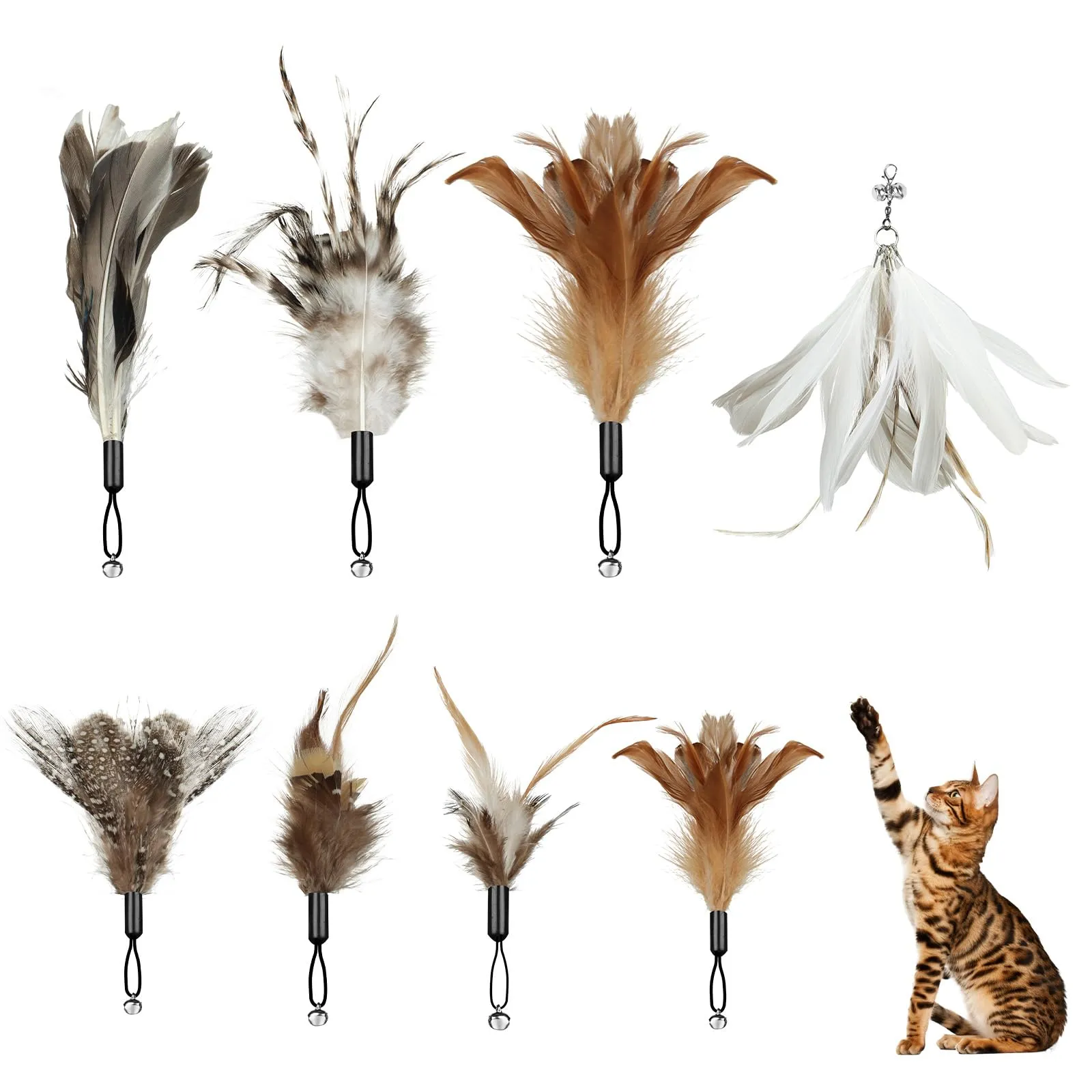 OSDUE Giochi per Gatti, 8 Pezzi Giochi Interattivi per Gatti, Giocattolo Interattivo con Campanellini, con 8 Piume di Ricambio, per Gattis, Regalo per Cuccioli e Gattini, ricambio Cat Feather Toys - immagine 1