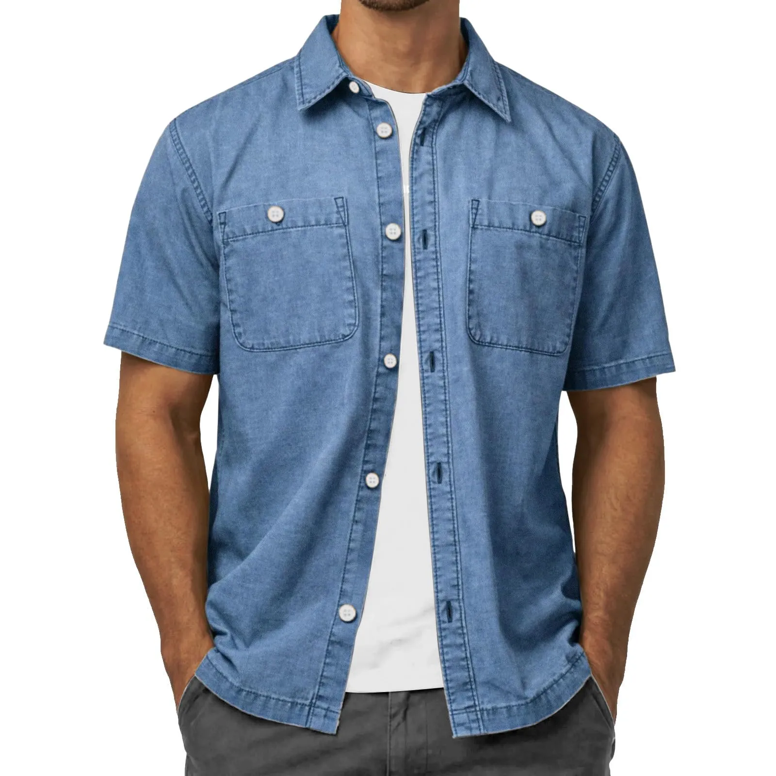 Duohropke Jeans da uomo, a maniche corte, estiva, in denim, a maniche corte, con bottoni a pressione, per uomo, blu chiaro, grigio scuro, vestibilità normale, look usato, camicia a maniche corte, 03 - immagine 4