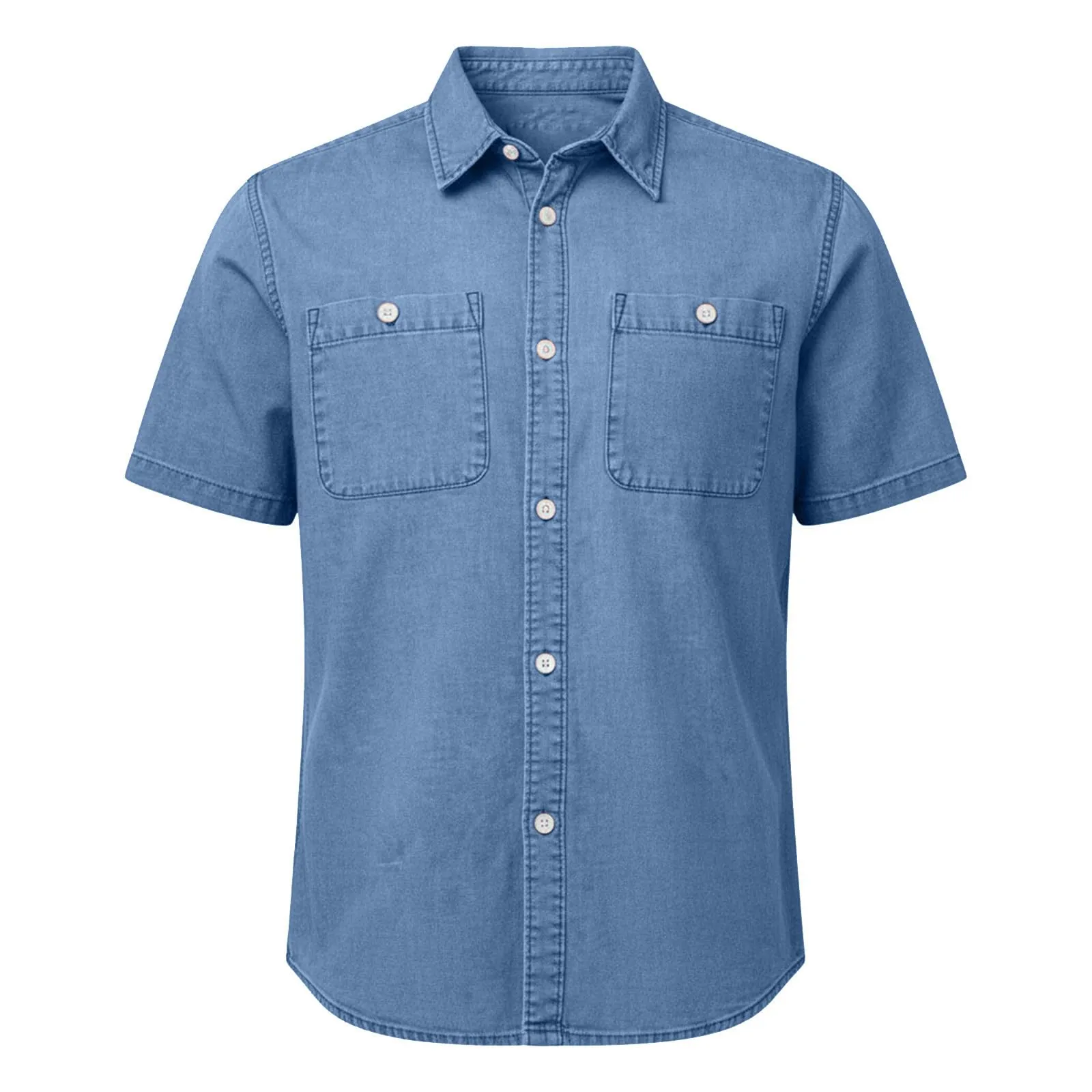 Duohropke Jeans da uomo, a maniche corte, estiva, in denim, a maniche corte, con bottoni a pressione, per uomo, blu chiaro, grigio scuro, vestibilità normale, look usato, camicia a maniche corte, 03 - immagine 1