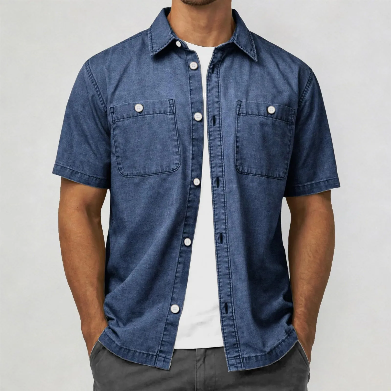 Duohropke Jeans da uomo, a maniche corte, estiva, in denim, a maniche corte, con bottoni a pressione, per uomo, blu chiaro, grigio scuro, vestibilità normale, look usato, camicia a maniche corte, 03 - immagine 2