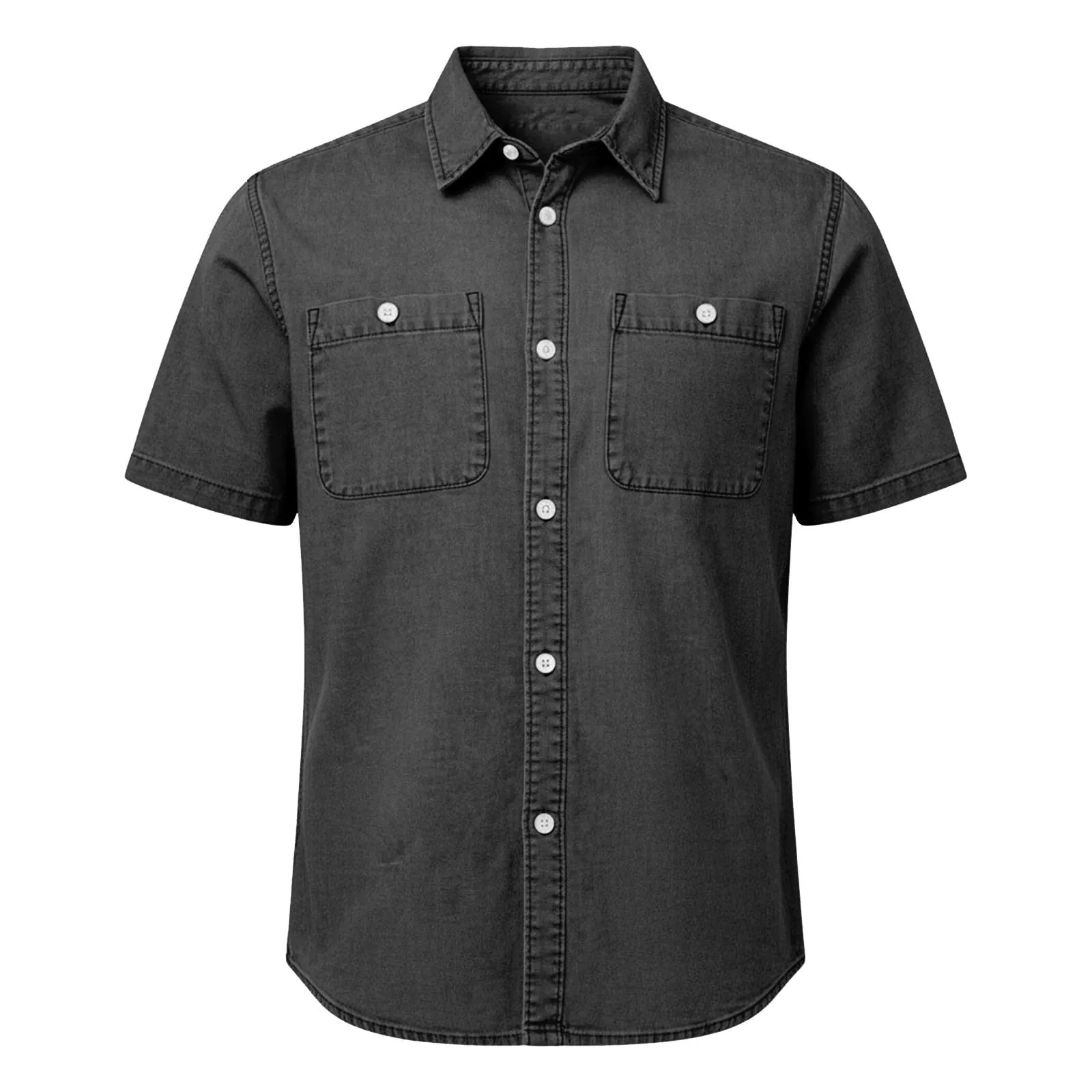 Duohropke Jeans da uomo, a maniche corte, estiva, in denim, a maniche corte, con bottoni a pressione, per uomo, blu chiaro, grigio scuro, vestibilità normale, look usato, camicia a maniche corte, 03 - immagine 1
