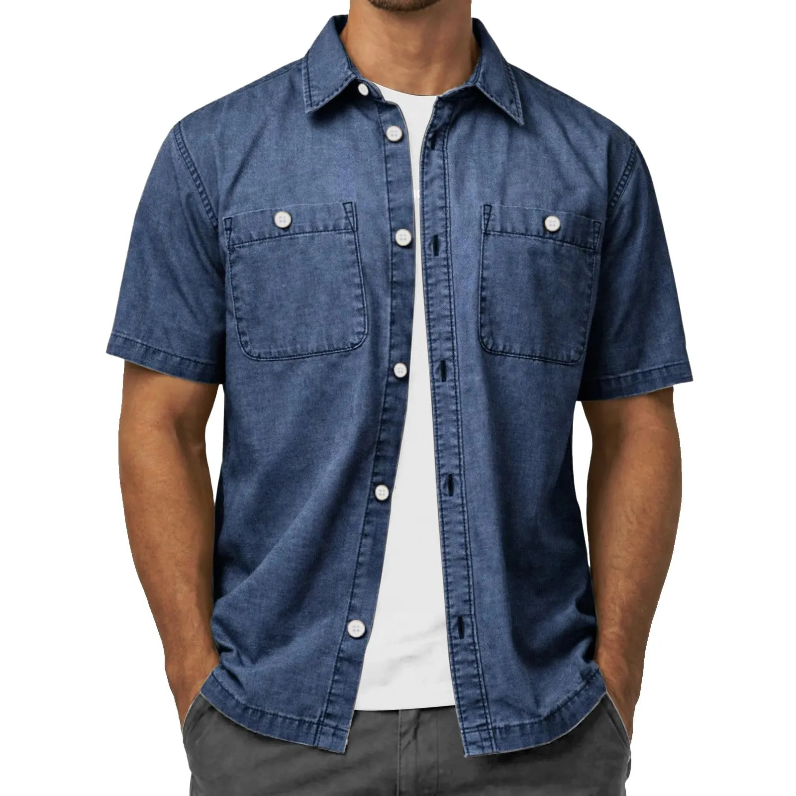 Duohropke Jeans da uomo, a maniche corte, estiva, in denim, a maniche corte, con bottoni a pressione, per uomo, blu chiaro, grigio scuro, vestibilità normale, look usato, camicia a maniche corte, 03 - immagine 4