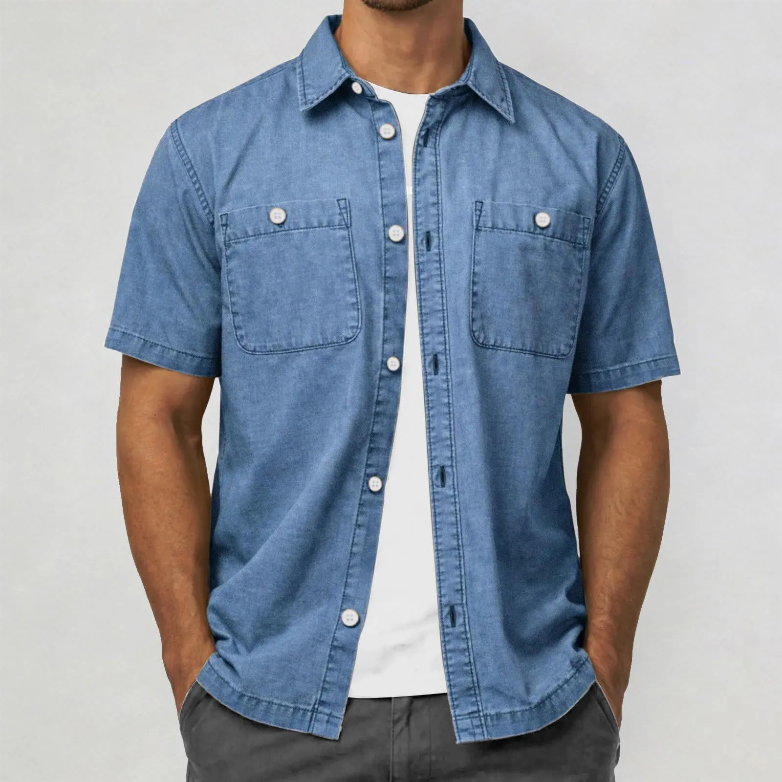 Duohropke Jeans da uomo, a maniche corte, estiva, in denim, a maniche corte, con bottoni a pressione, per uomo, blu chiaro, grigio scuro, vestibilità normale, look usato, camicia a maniche corte, 03 - immagine 2