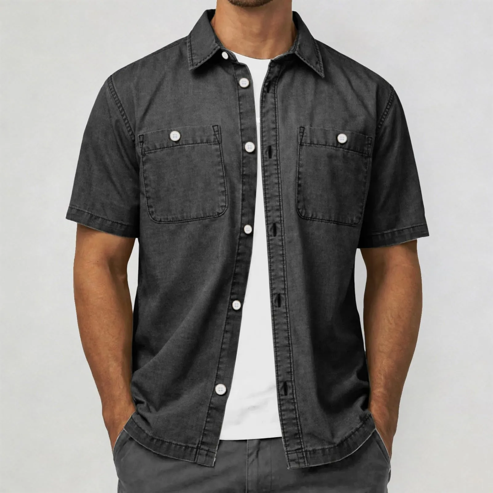 Duohropke Camicia in Jeans da Uomo a Maniche Corte, Camicia in Denim a Maniche Corte con Bottoni a Pressione, Camicie Jeans per Uomini, Blu Chiaro, Grigio Scuro, Vestibilità Regular, Look Usurato - immagine 2