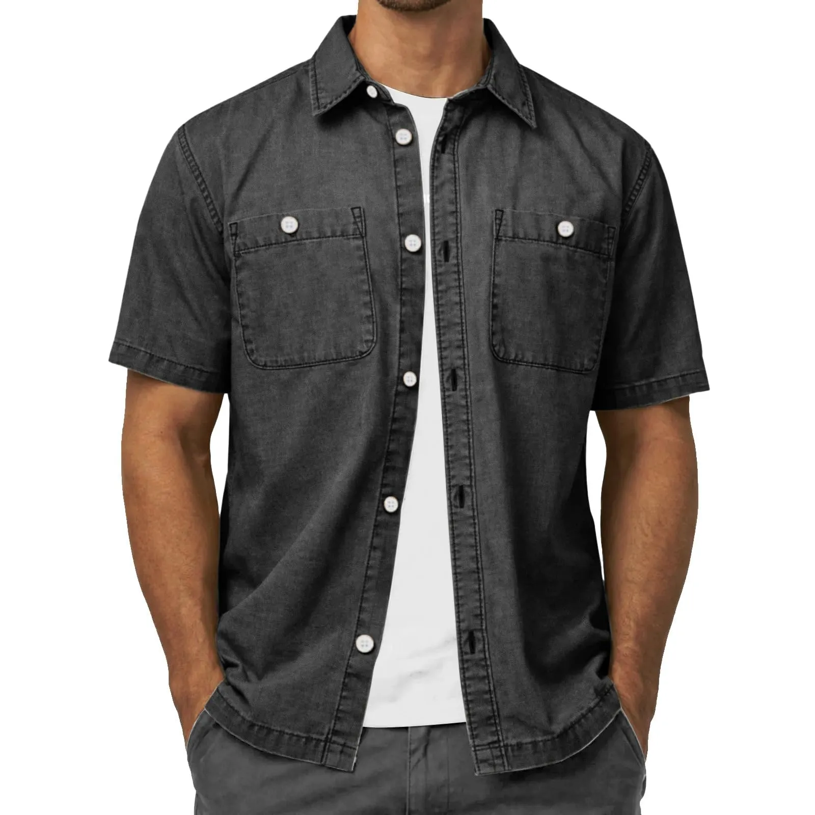 Duohropke Camicia in Jeans da Uomo a Maniche Corte, Camicia in Denim a Maniche Corte con Bottoni a Pressione, Camicie Jeans per Uomini, Blu Chiaro, Grigio Scuro, Vestibilità Regular, Look Usurato - immagine 4