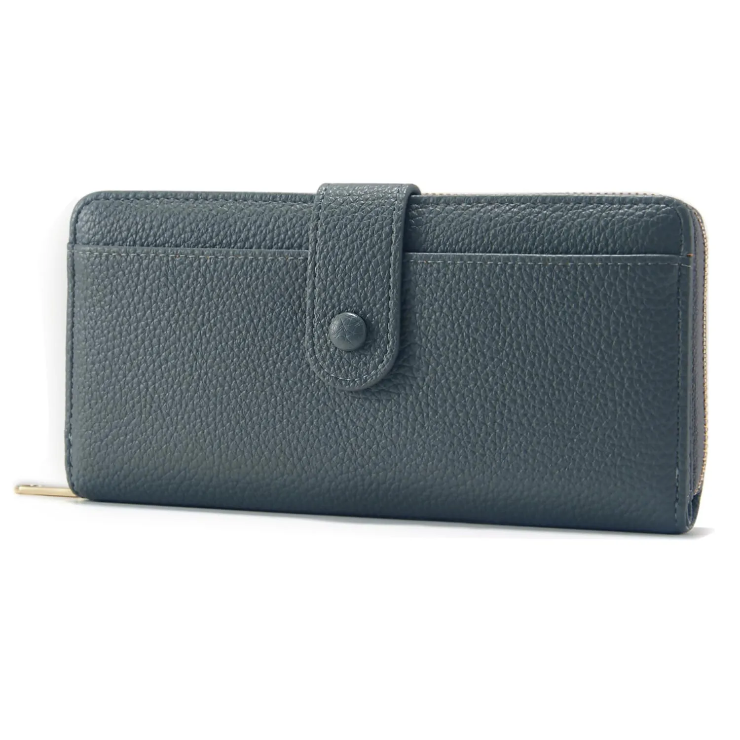 ANYWN Portafoglio da donna, grande, in pelle sintetica liscia e morbida, portafoglio lungo con cerniera e bottone a pressione, portafoglio donna con molti scomparti, Grigio-blu, groot, Classico - immagine 1