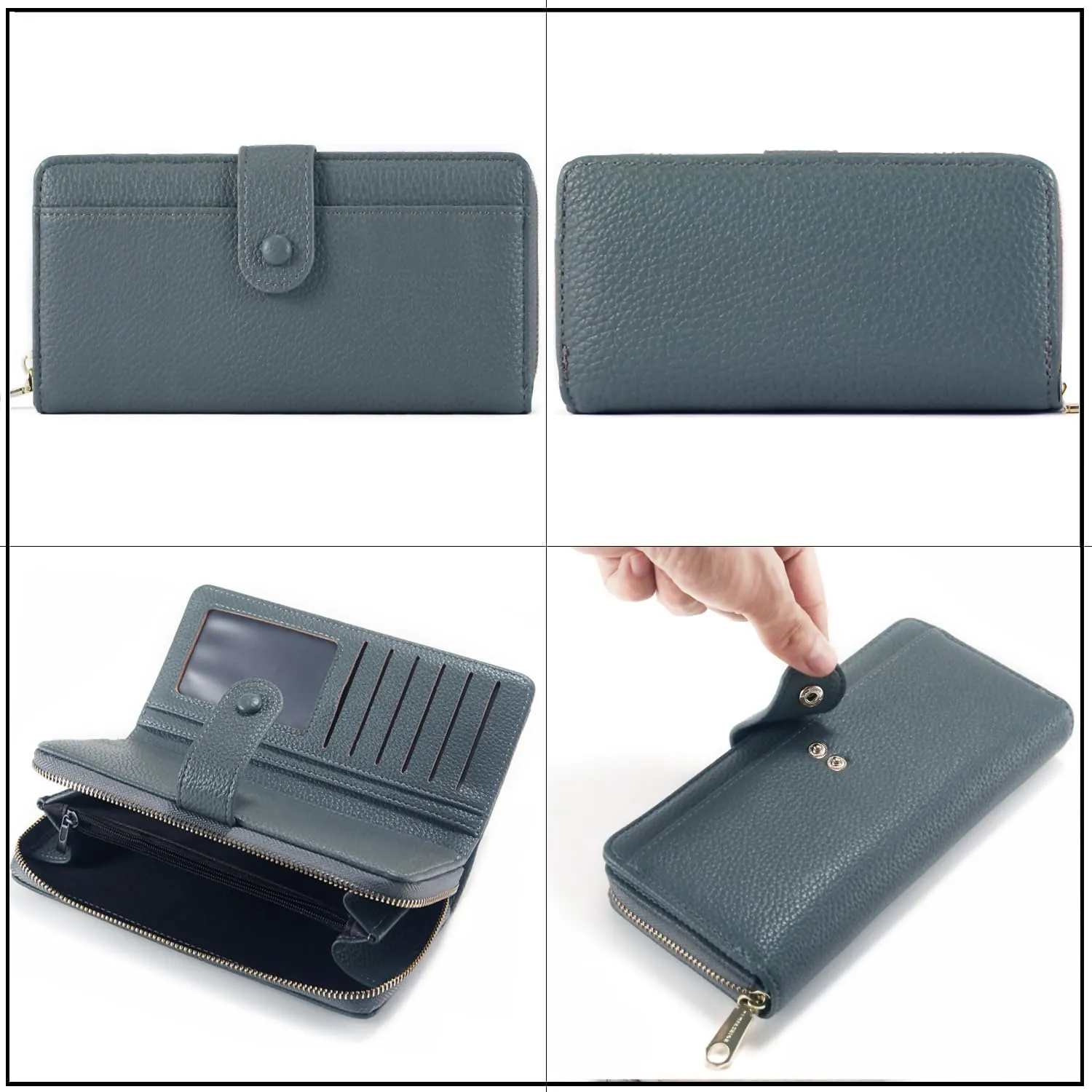 ANYWN Portafoglio da donna, grande, in pelle sintetica liscia e morbida, portafoglio lungo con cerniera e bottone a pressione, portafoglio donna con molti scomparti, Grigio-blu, groot, Classico - immagine 5