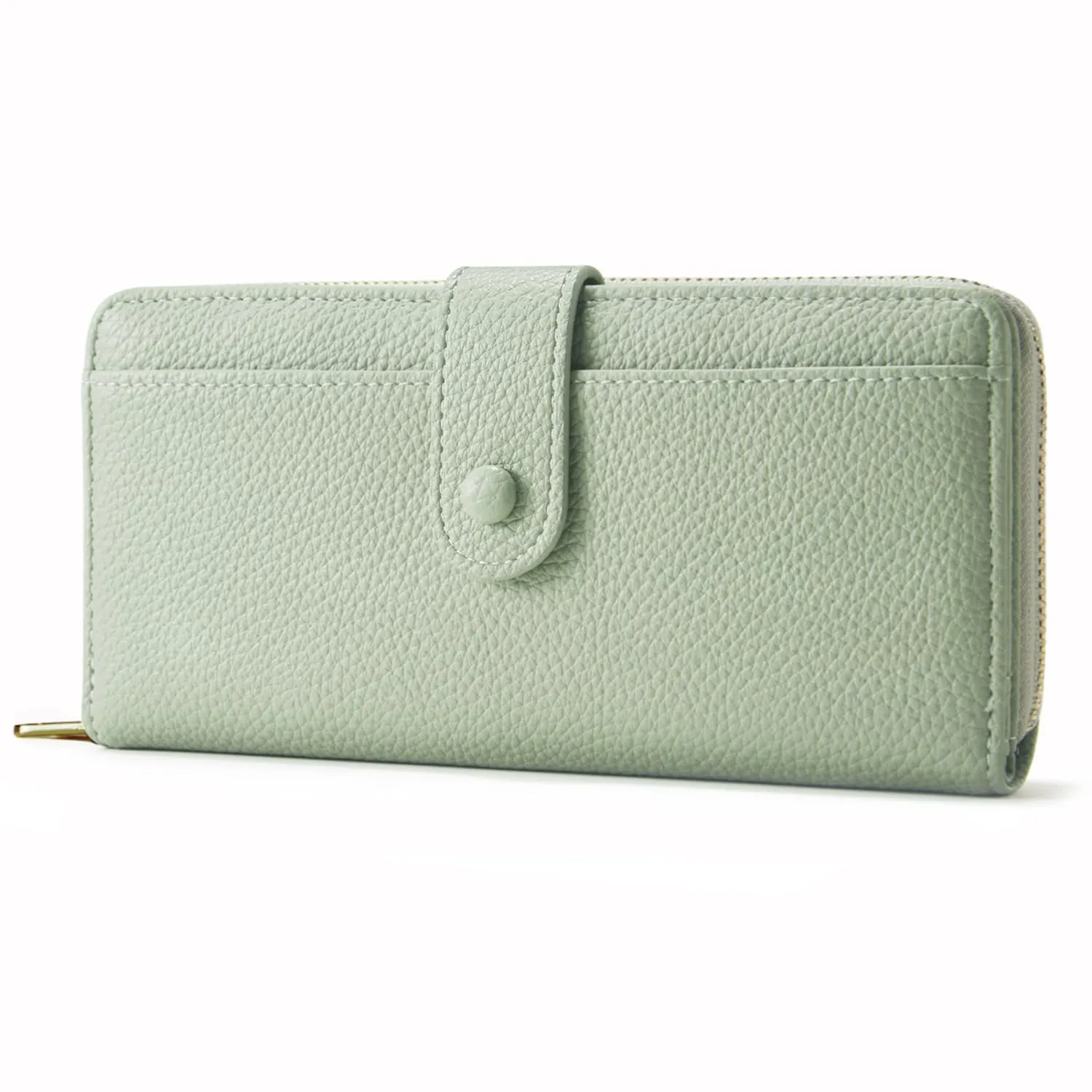 ANYWN Portafoglio da donna grande, in pelle sintetica liscia e morbida, formato lungo, con chiusura lampo e bottone automatico, portafoglio da donna con molti scomparti, verde chiaro, Classico - immagine 1