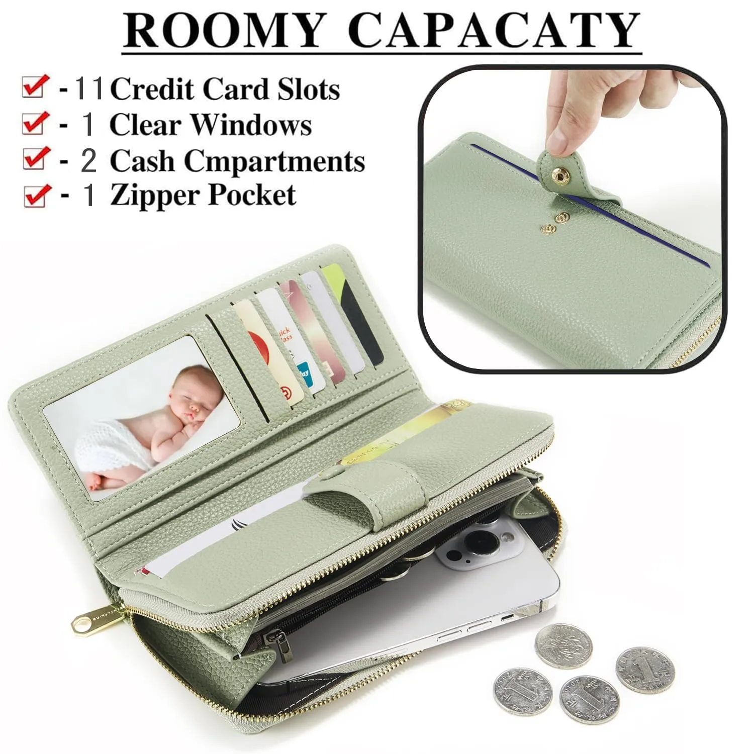 ANYWN Portafoglio da donna grande, in pelle sintetica liscia e morbida, formato lungo, con chiusura lampo e bottone automatico, portafoglio da donna con molti scomparti, verde chiaro, Classico - immagine 3