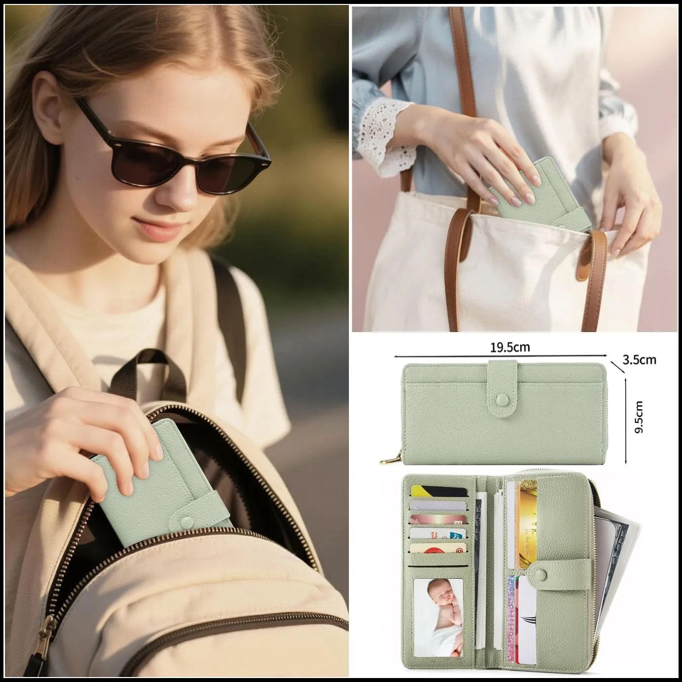 ANYWN Portafoglio da donna grande, in pelle sintetica liscia e morbida, formato lungo, con chiusura lampo e bottone automatico, portafoglio da donna con molti scomparti, verde chiaro, Classico - immagine 4