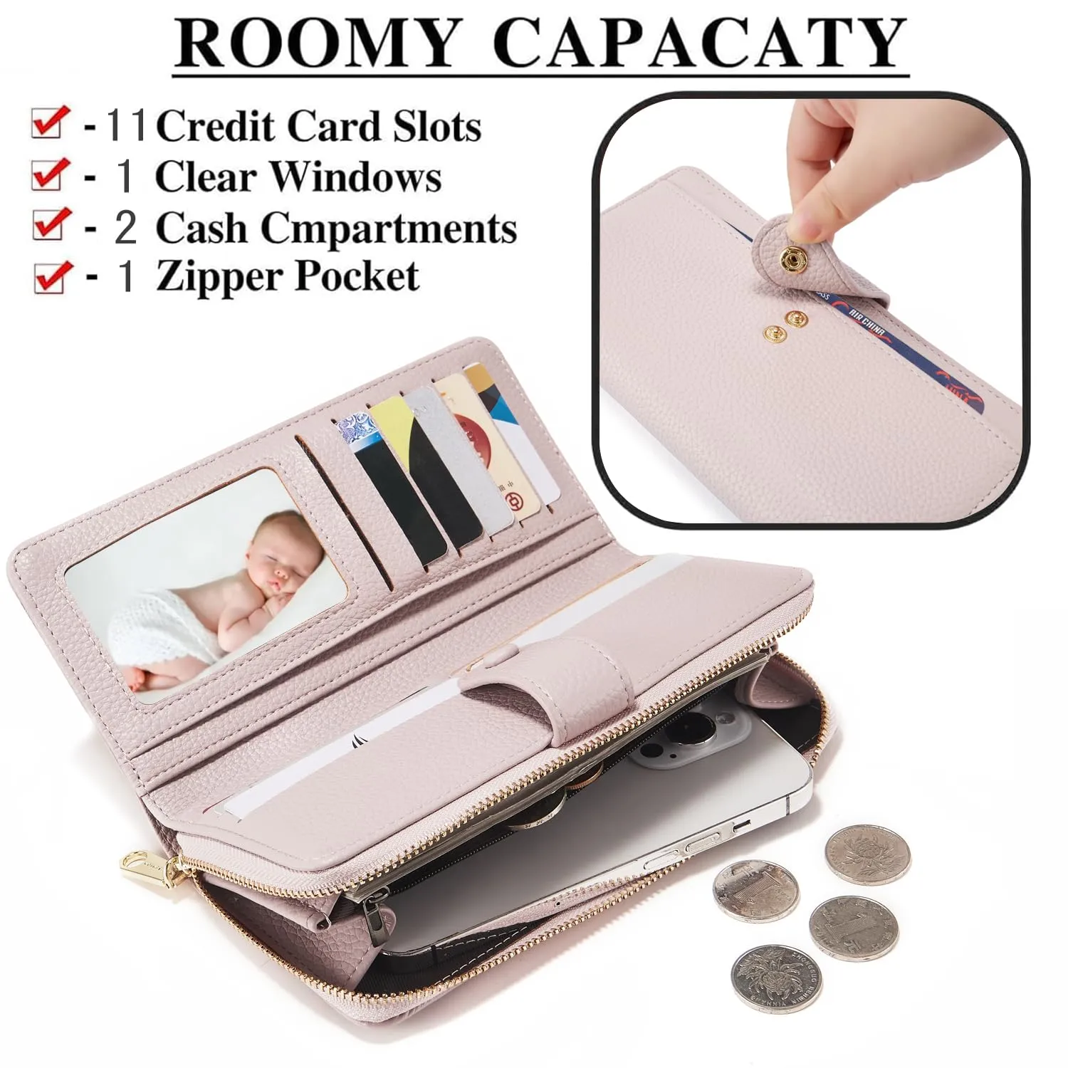 ANYWN Grande Portafoglio Donna | Portamonete Donna in Pelle Sintetica Liscia e Morbida, Borsa Lunga con Chiusura a Cerniera e Bottone a Pressione, Pochette Femminile con Moltipli Scomparti, viola. - immagine 3