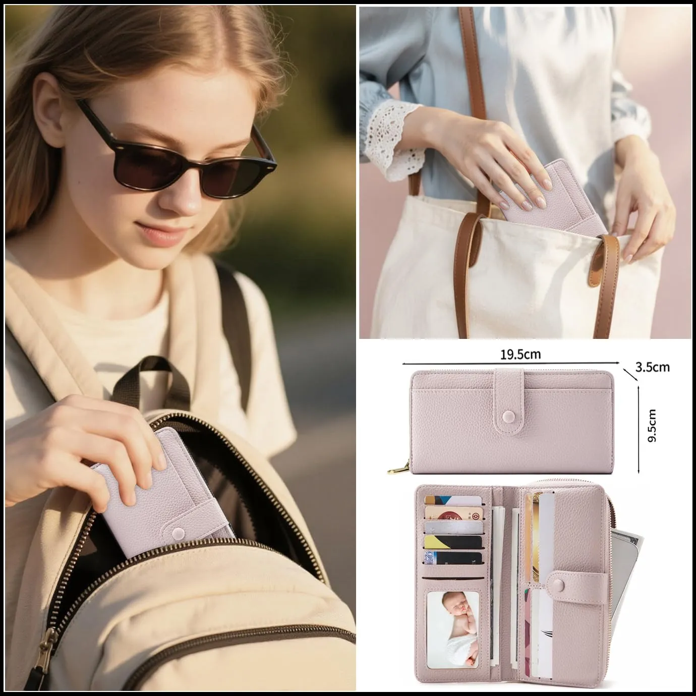 ANYWN Grande Portafoglio Donna | Portamonete Donna in Pelle Sintetica Liscia e Morbida, Borsa Lunga con Chiusura a Cerniera e Bottone a Pressione, Pochette Femminile con Moltipli Scomparti, viola. - immagine 4