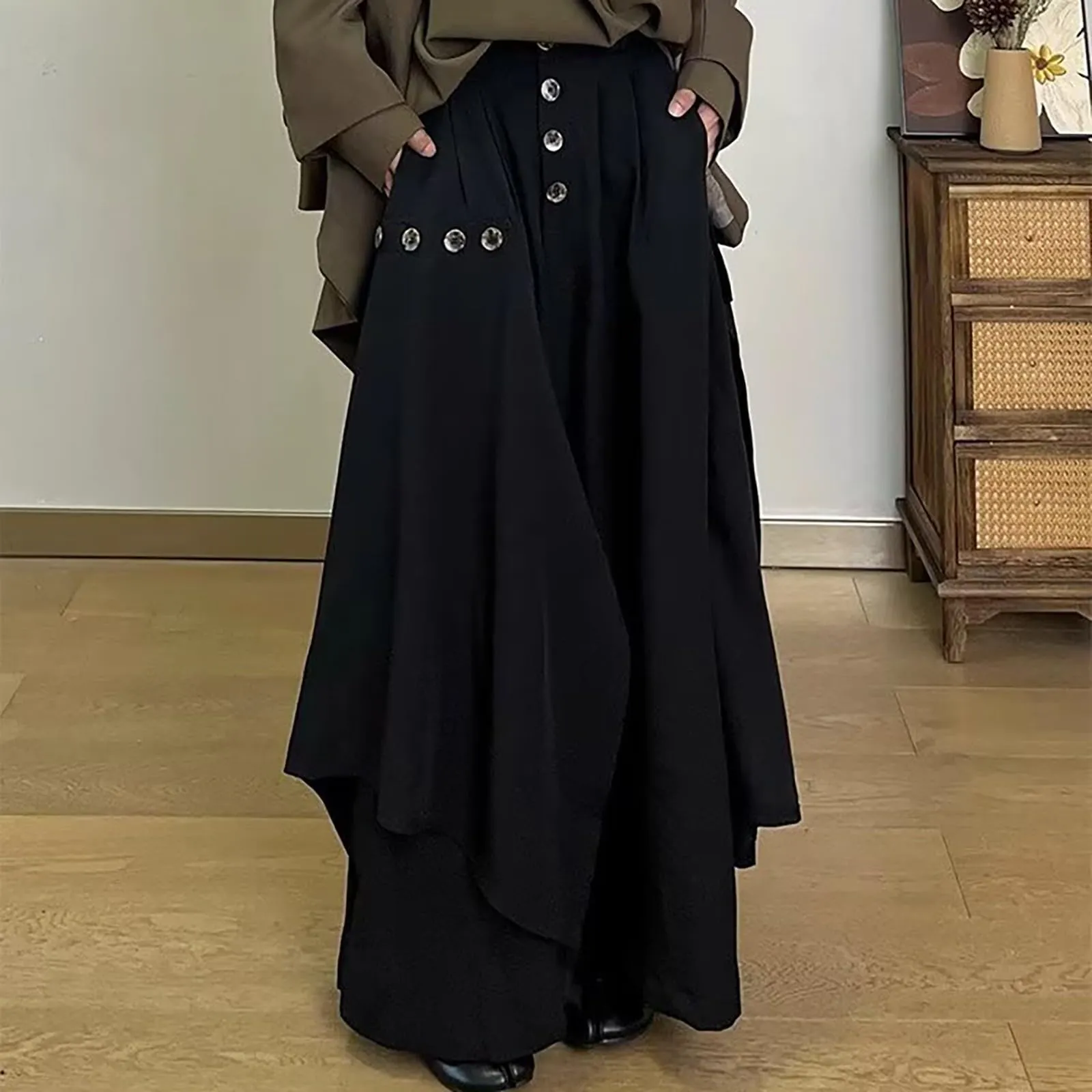 Gonna da uomo in stile giapponese, Samurai Hakama, pantaloni harem, colore nero, per il tempo libero, comodi, morbidi, eleganti, con bottoni asimmetrici, pantaloni da yoga ninja, O nero., 3XL - immagine 3