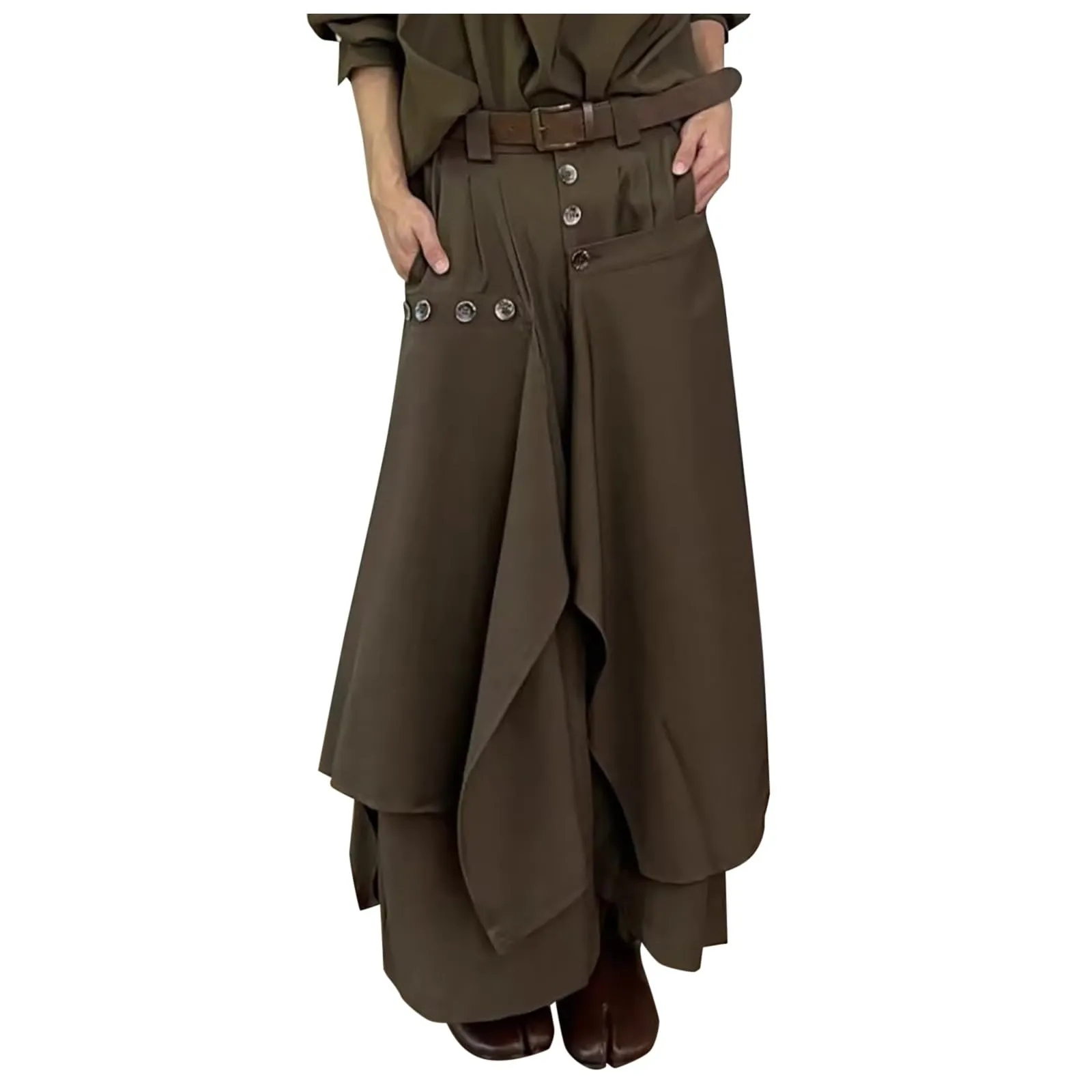 Gonna da uomo in stile giapponese, Samurai Hakama, pantaloni harem, colore nero, per il tempo libero, comodi, morbidi, eleganti, con bottoni asimmetrici, pantaloni da yoga ninja, O caffè., XXXL - immagine 1
