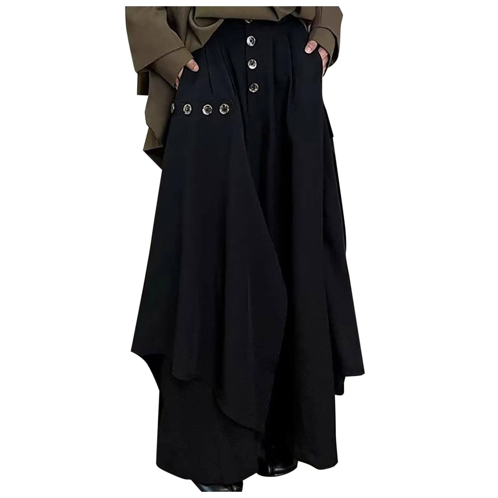 Gonna da uomo in stile giapponese, Samurai Hakama, pantaloni harem, colore nero, per il tempo libero, comodi, morbidi, eleganti, con bottoni asimmetrici, pantaloni da yoga ninja, O nero., XXL - immagine 1