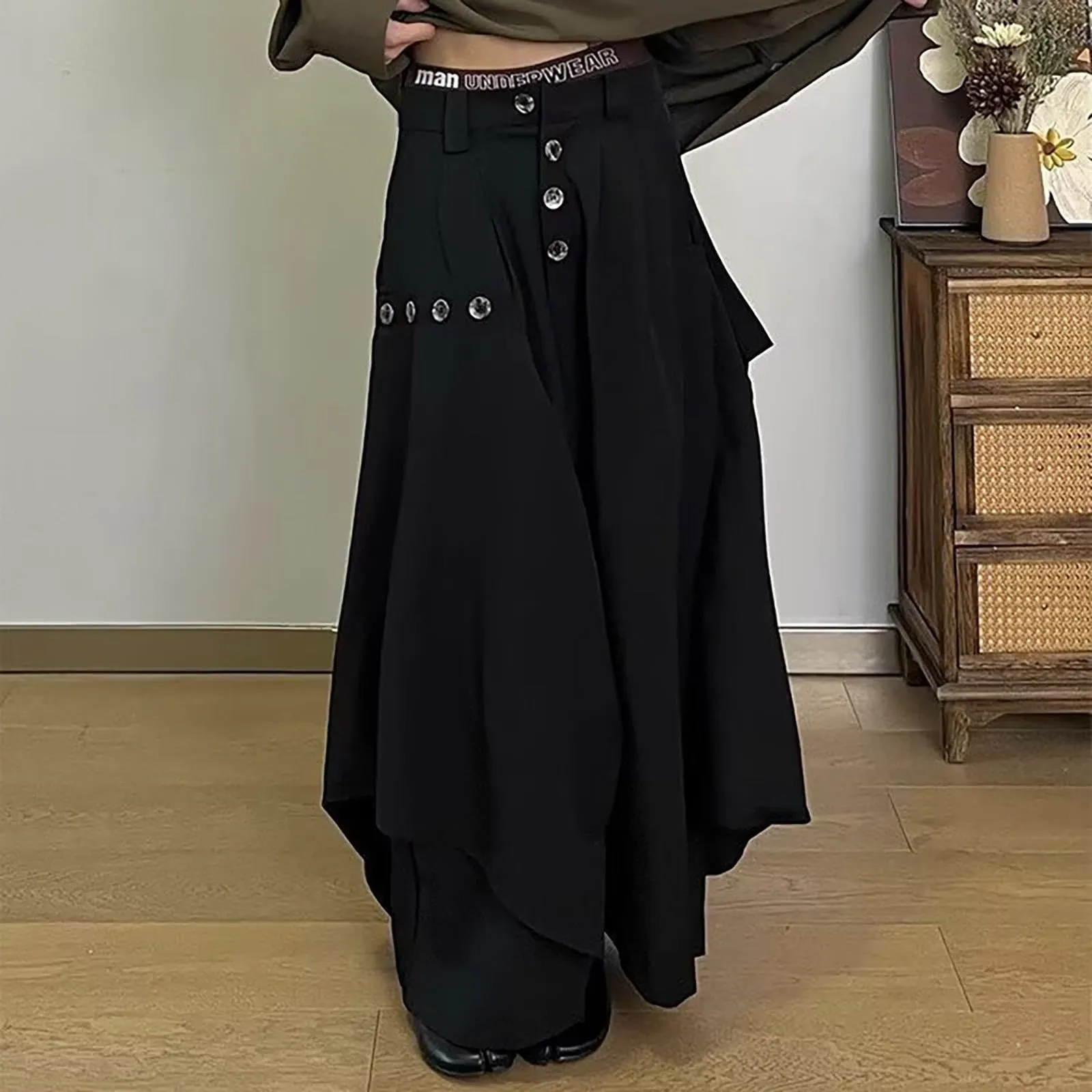 Gonna da uomo in stile giapponese, Samurai Hakama, pantaloni harem, colore nero, per il tempo libero, comodi, morbidi, eleganti, con bottoni asimmetrici, pantaloni da yoga ninja, O nero., XXL - immagine 5