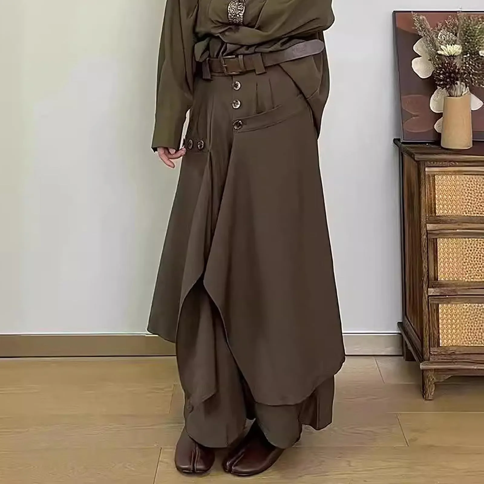 Gonna da uomo in stile giapponese, Samurai Hakama, pantaloni harem, colore nero, per il tempo libero, comodi, morbidi, eleganti, con bottoni asimmetrici, pantaloni da yoga ninja, O caffè., L - immagine 5