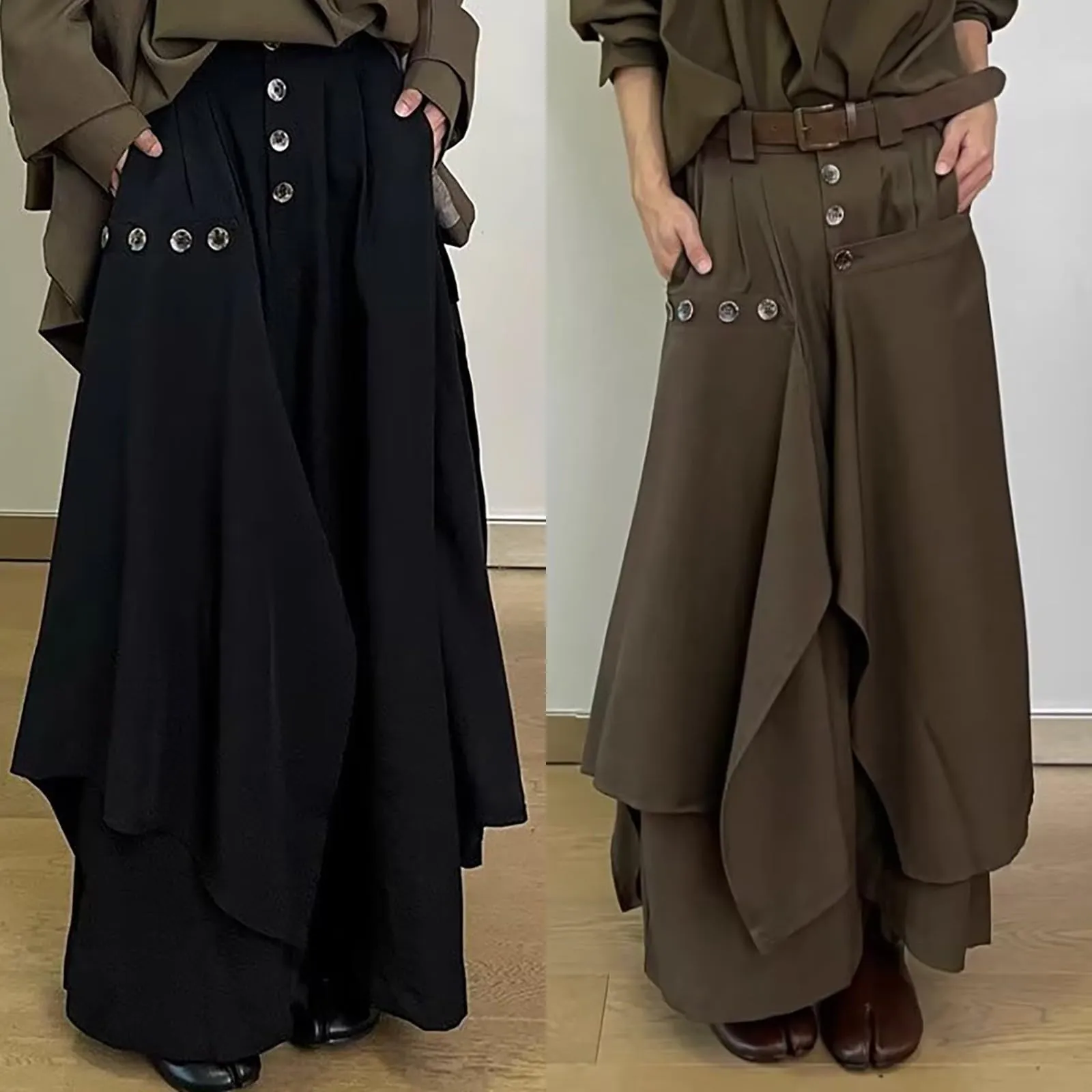 Gonna da uomo in stile giapponese, Samurai Hakama, pantaloni harem, colore nero, per il tempo libero, comodi, morbidi, eleganti, con bottoni asimmetrici, pantaloni da yoga ninja, O caffè., M - immagine 2