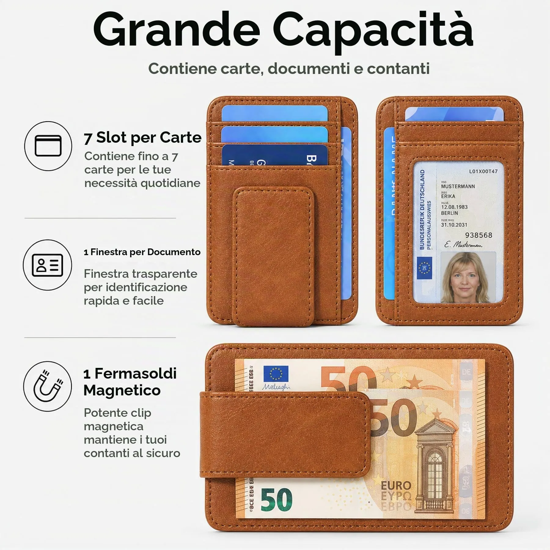 Fermasoldi, 7 Scomparti, Portacarte Slim PU - immagine 7
