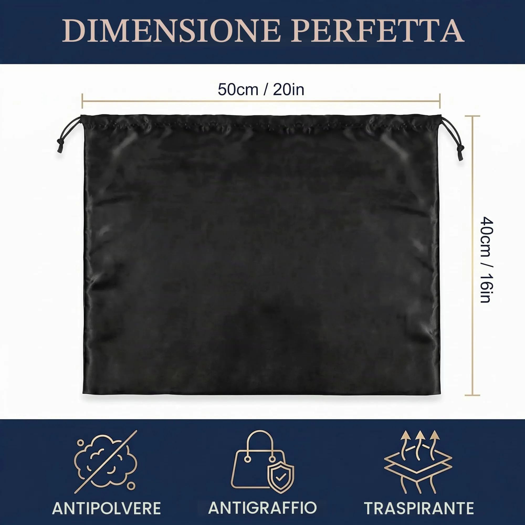 GWEOR 2 Pezzi Sacchetti Antipolvere per Borse 50x40 cm, Custodia Protettiva in Tessuto Traspirante per Borse a Mano, Zaini e Scarpe, Organizer Armadio Elegante, Nero - immagine 2