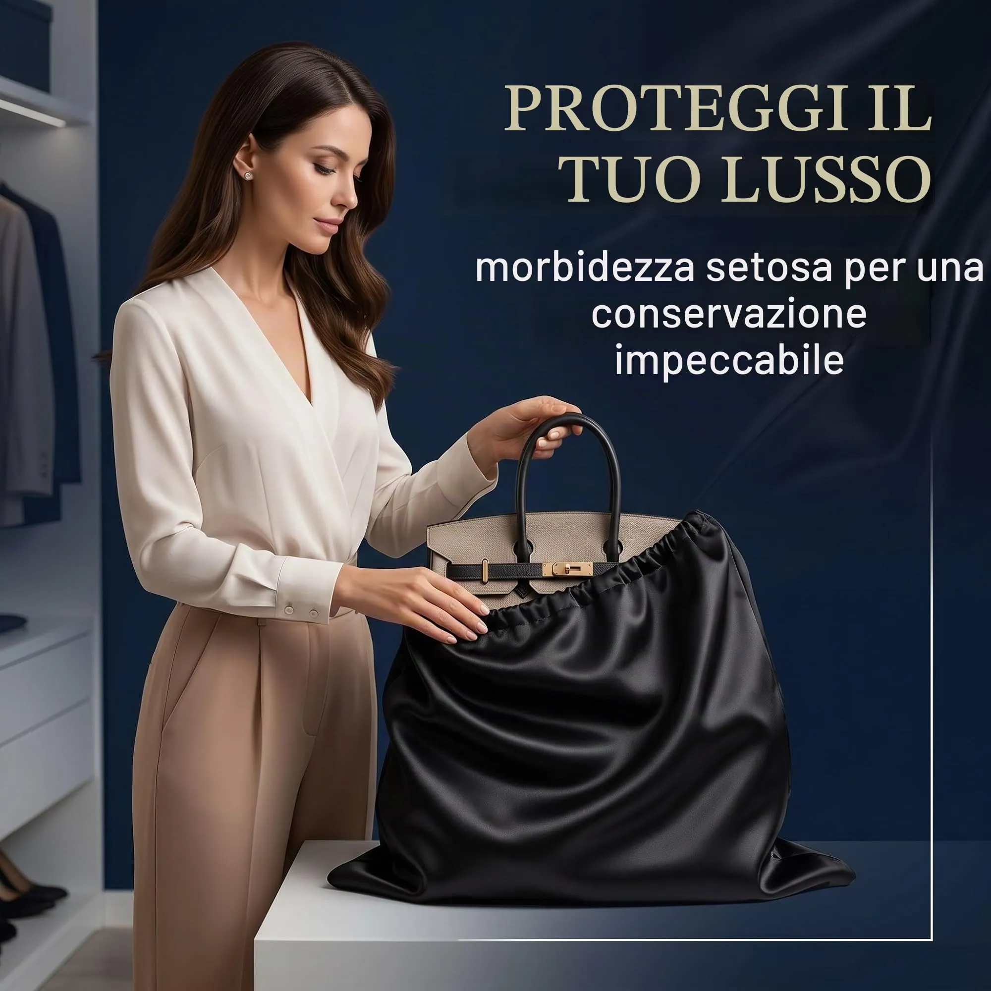 GWEOR 2 Pezzi Sacchetti Antipolvere per Borse 50x40 cm, Custodia Protettiva in Tessuto Traspirante per Borse a Mano, Zaini e Scarpe, Organizer Armadio Elegante, Nero - immagine 3