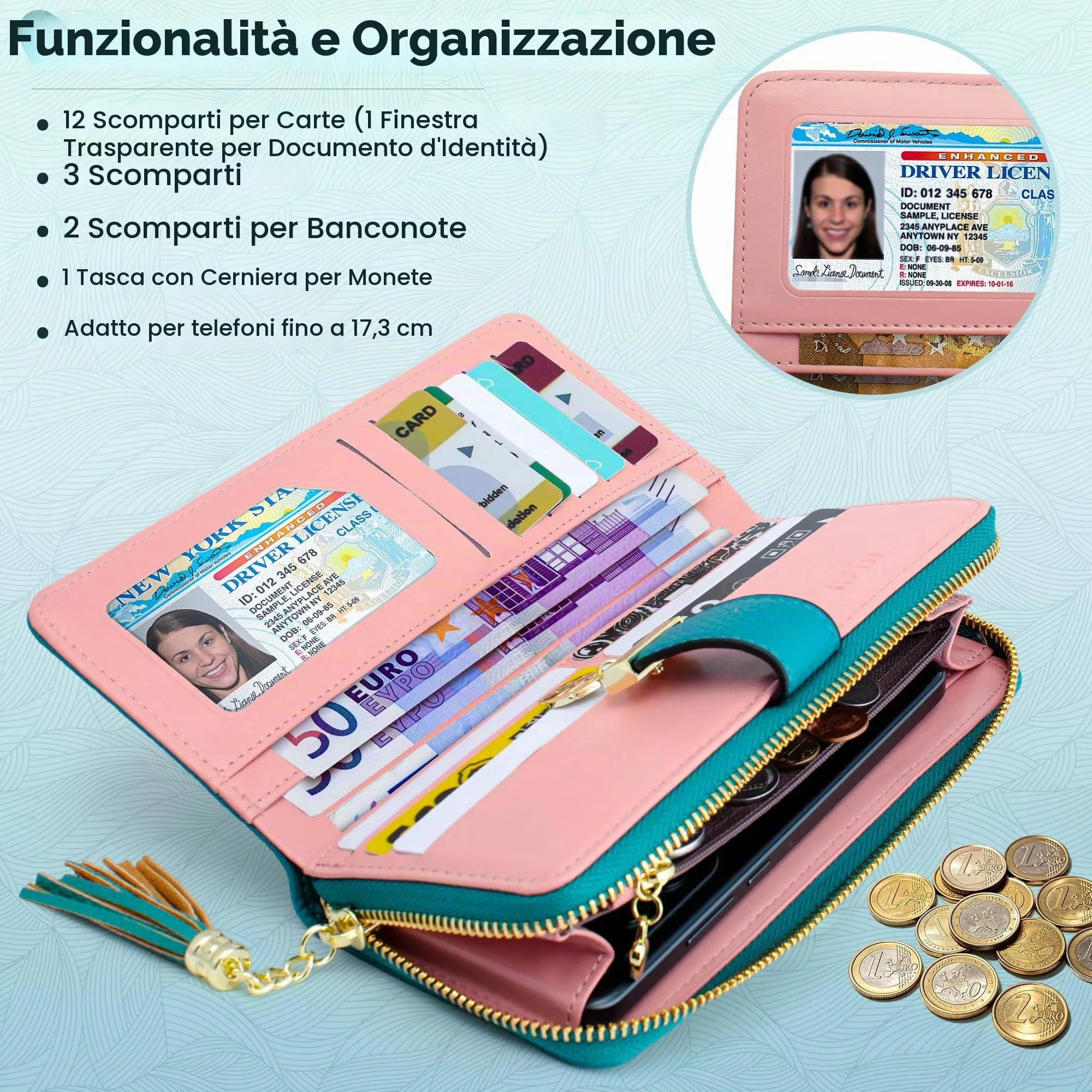 Pomelo Best Portafoglio Donna Cerniera Lungo con Pendente Portamonete Chiusura con Cerniera - Ideale Regali per Donna - immagine 2
