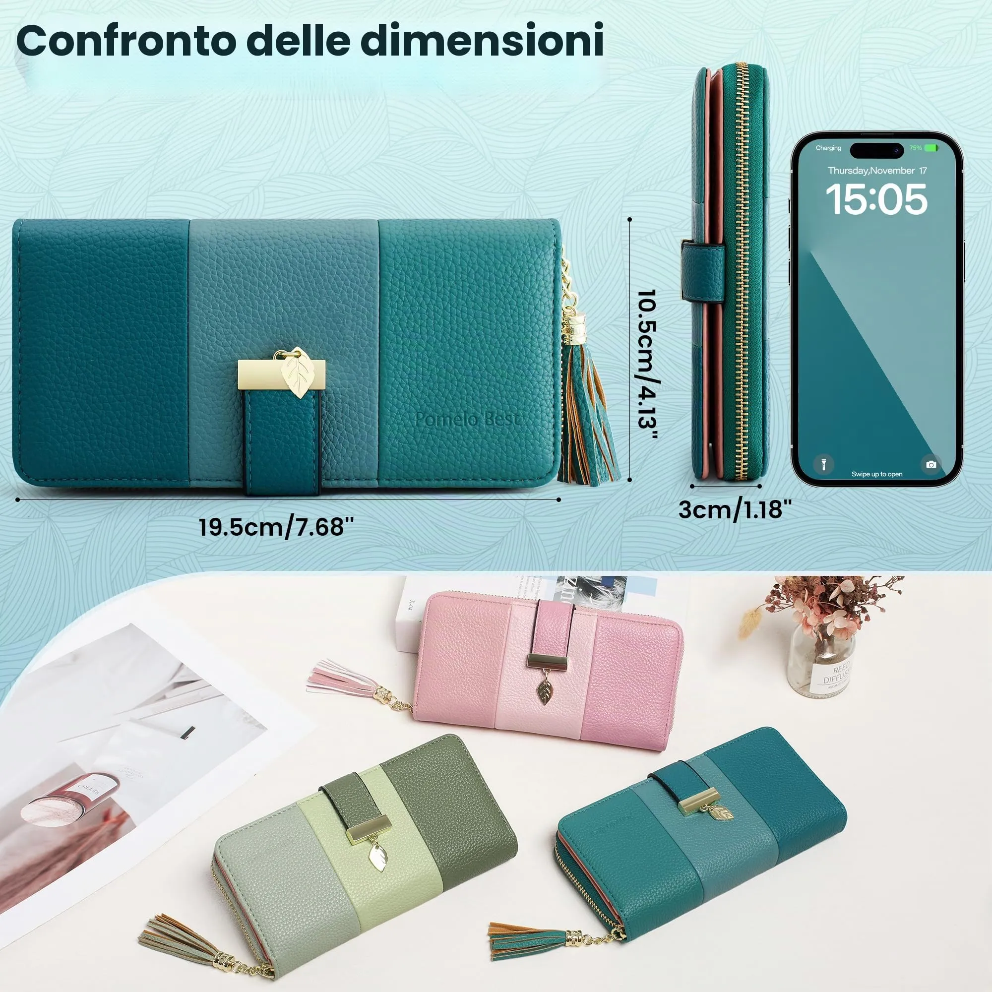 Pomelo Best Portafoglio Donna Cerniera Lungo con Pendente Portamonete Chiusura con Cerniera - Ideale Regali per Donna - immagine 7